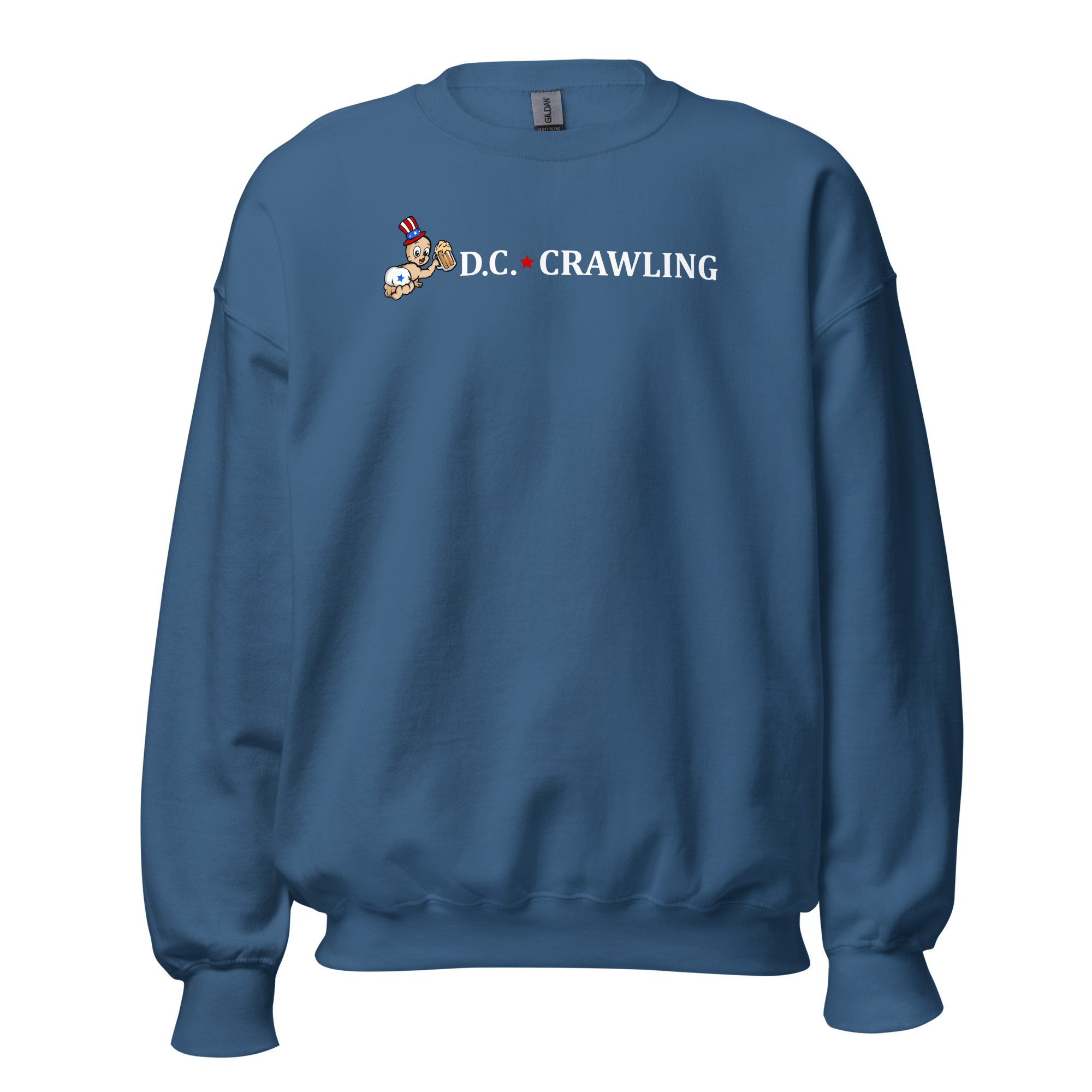 Blue sweatshirt with 'D.C. CRAWLING' and cartoon character wearing a patriotic hat.