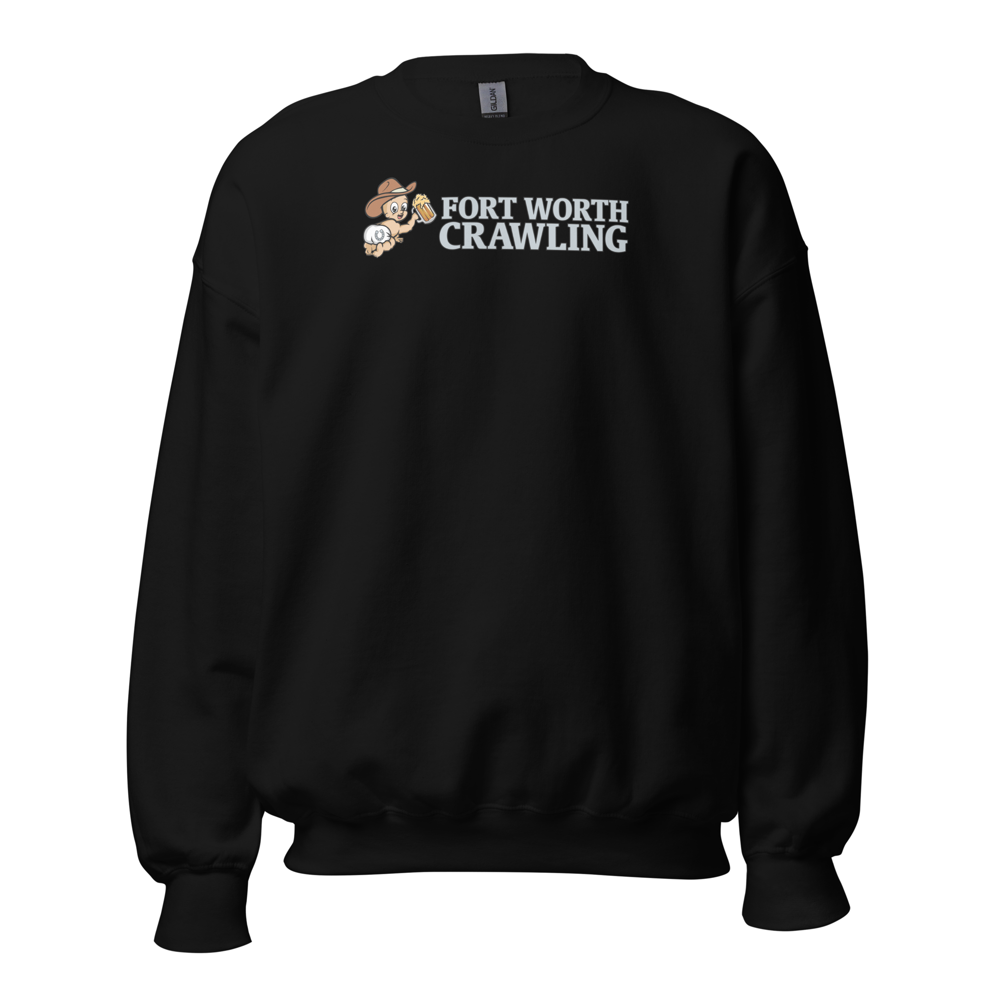 Black sweatshirt with 'Fort Worth Crawling' text and a cartoon cowboy.