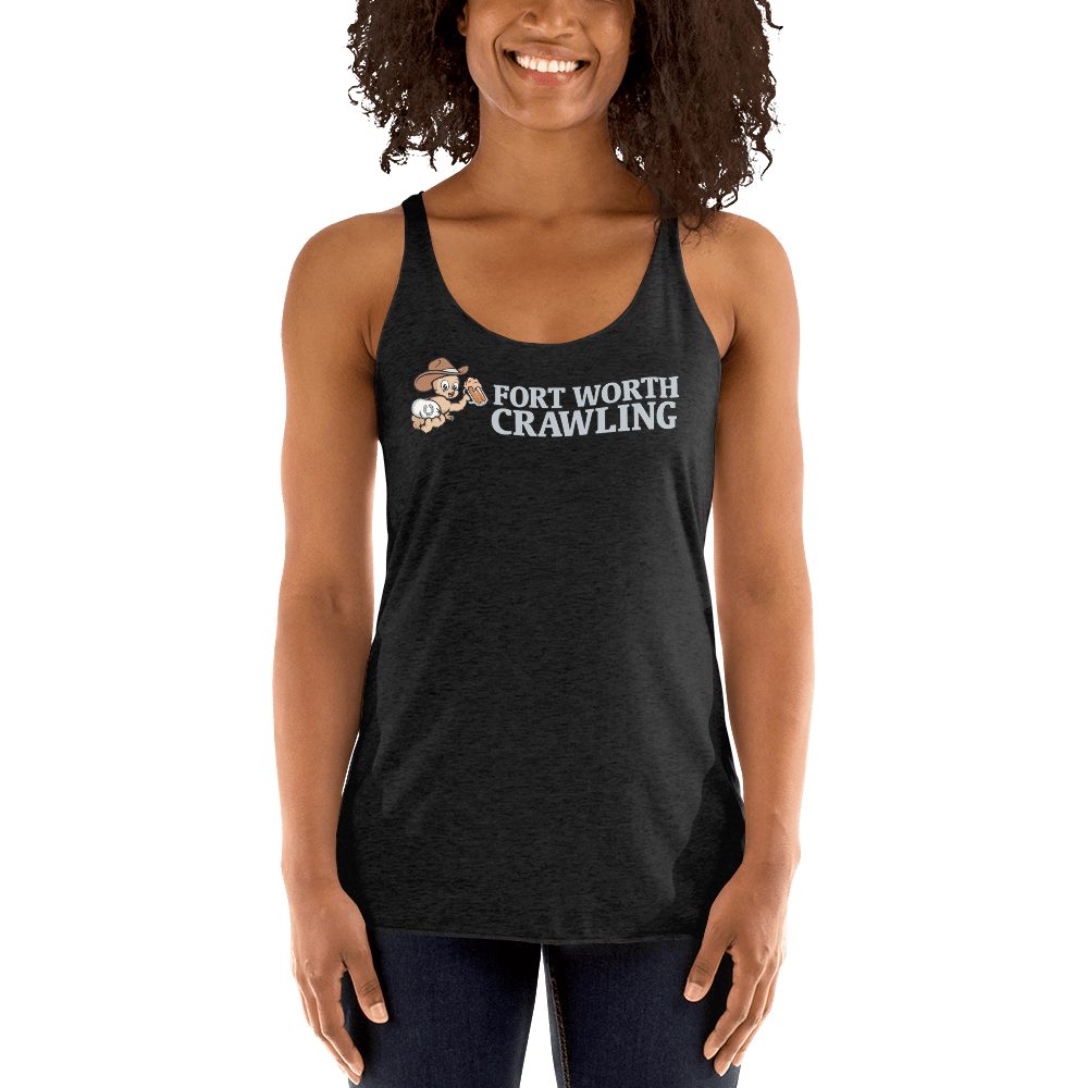 Person wearing a black tank top with 'Fort Worth Crawling' and cartoon character graphic.