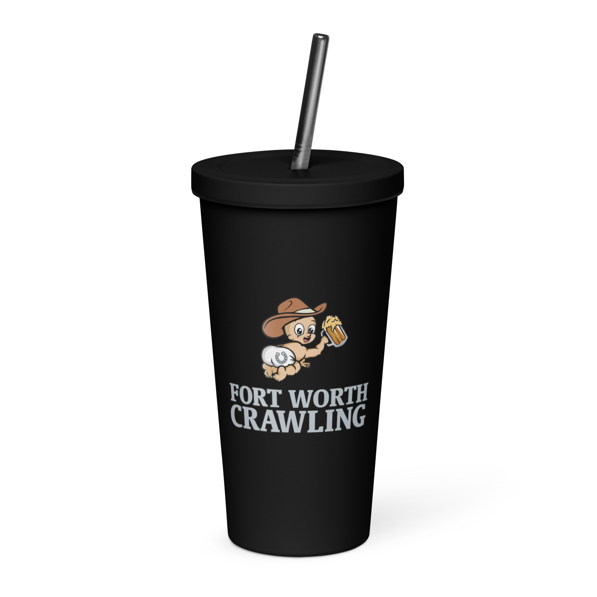 Black tumbler with a straw, featuring a cartoon baby in a cowboy hat and 'Fort Worth Crawling' text.
