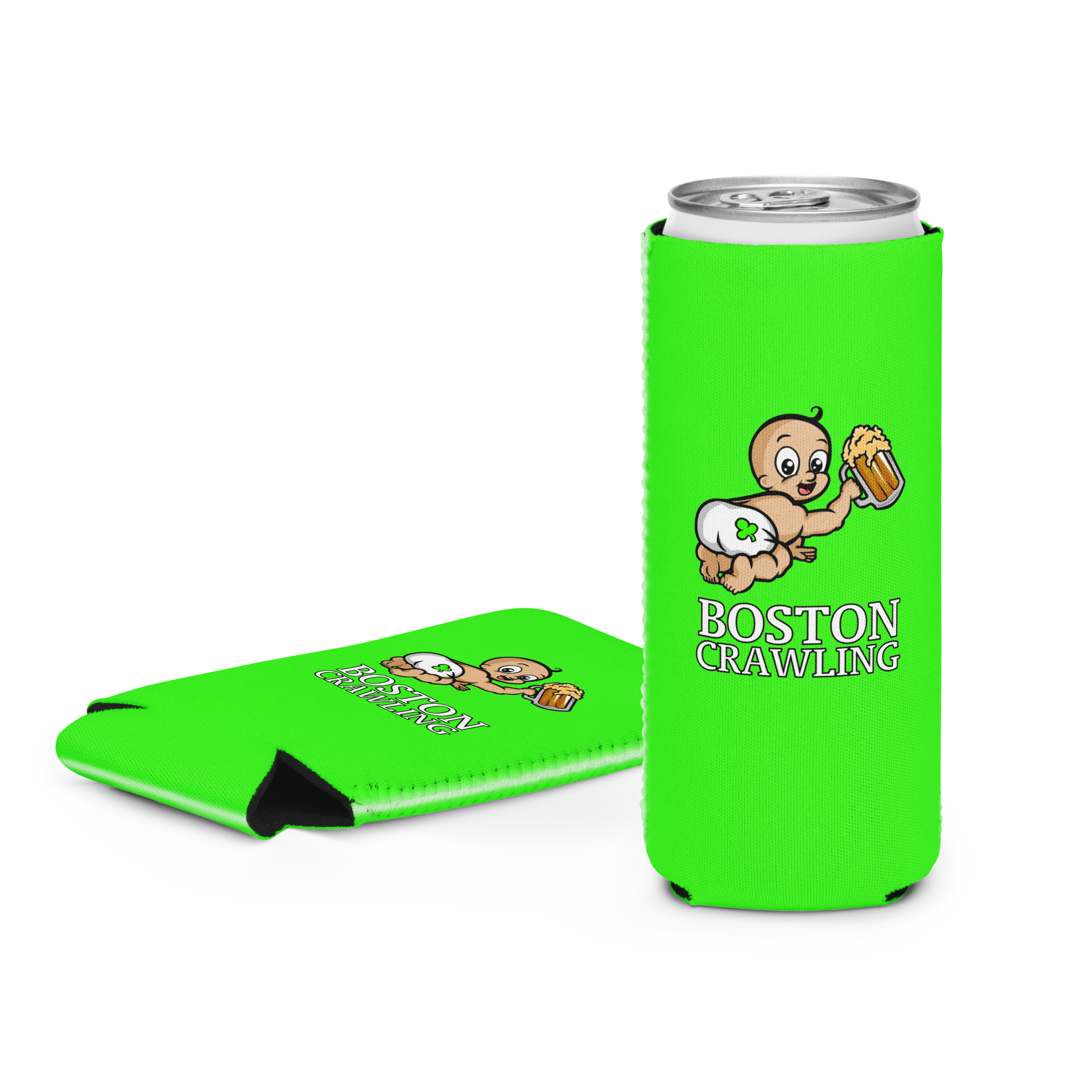 Green can koozie with cartoon baby holding a beer and text 'Boston Crawling'.
