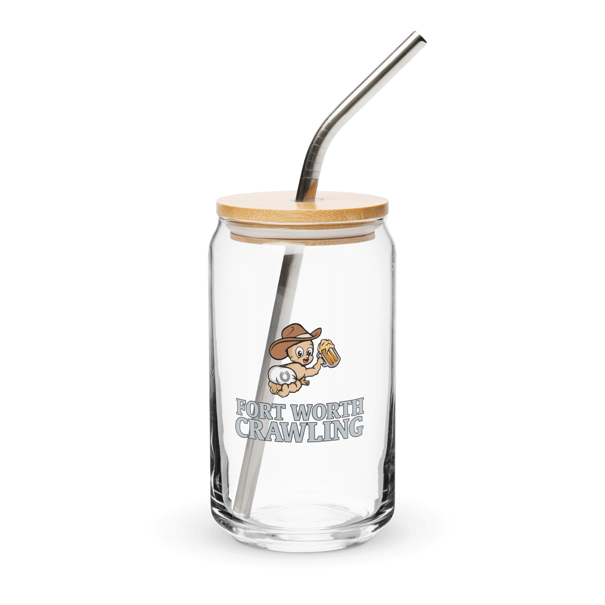Glass cup with 'Fort Worth Crawling' logo, wooden lid, and metal straw.