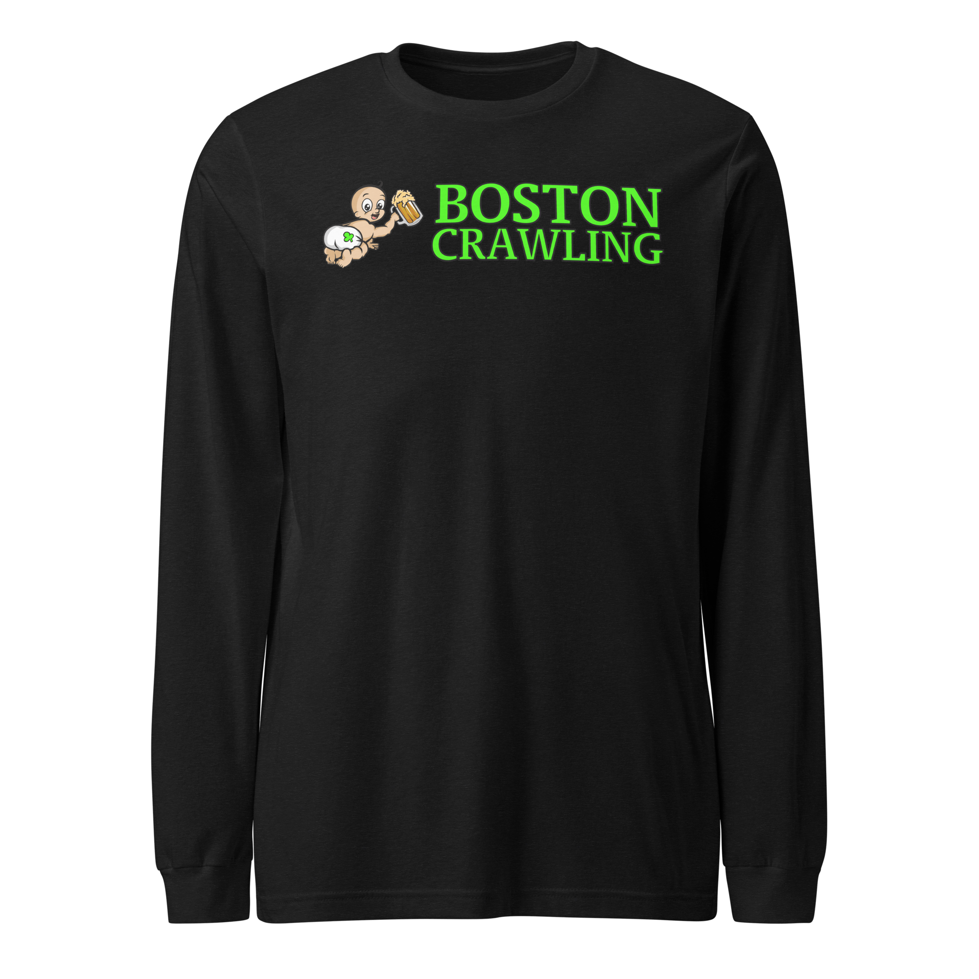 Black shirt with 'Boston Crawling' text and cartoon baby holding a beer mug.