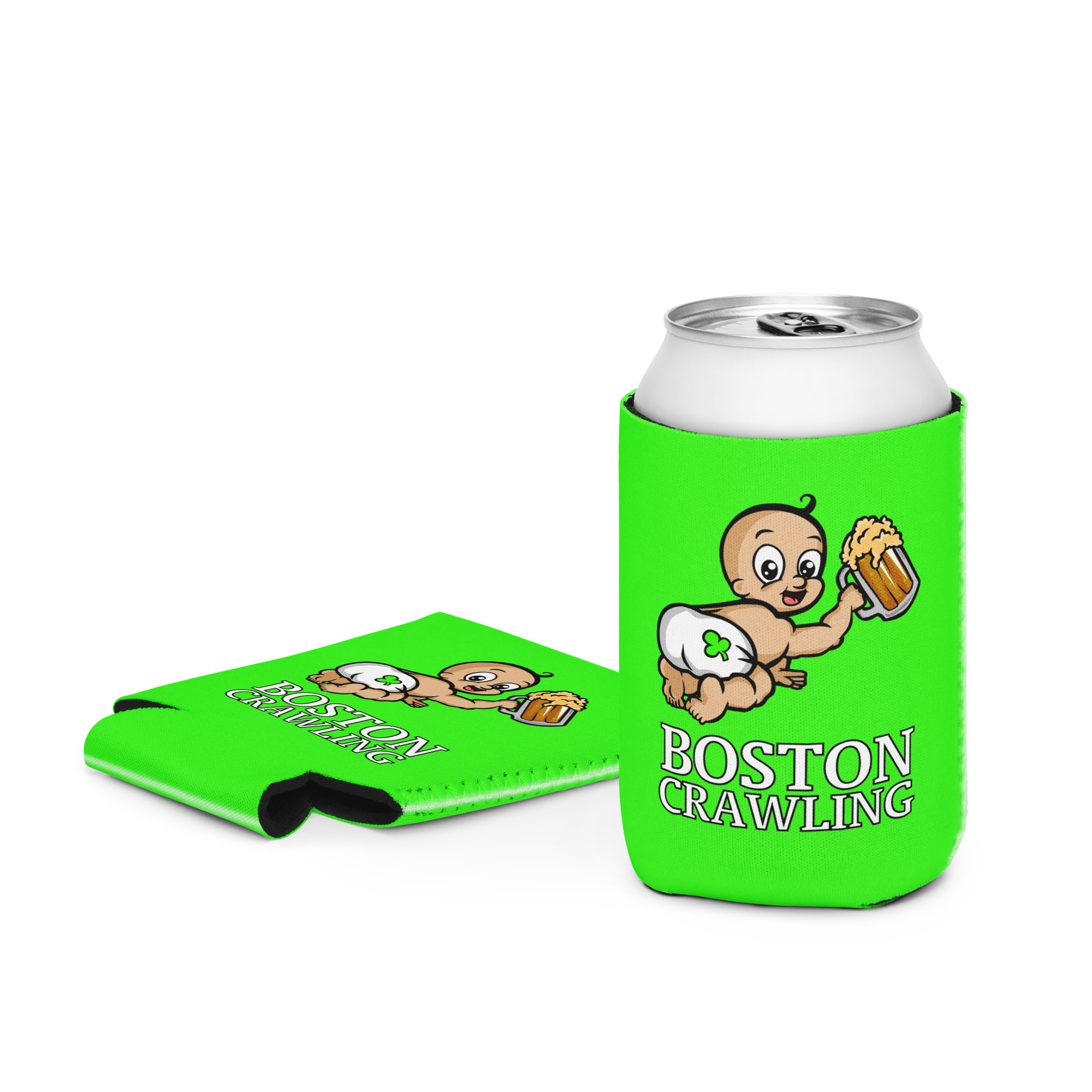 Green can coolers with cartoon baby holding a beer and text 'Boston Crawling'.