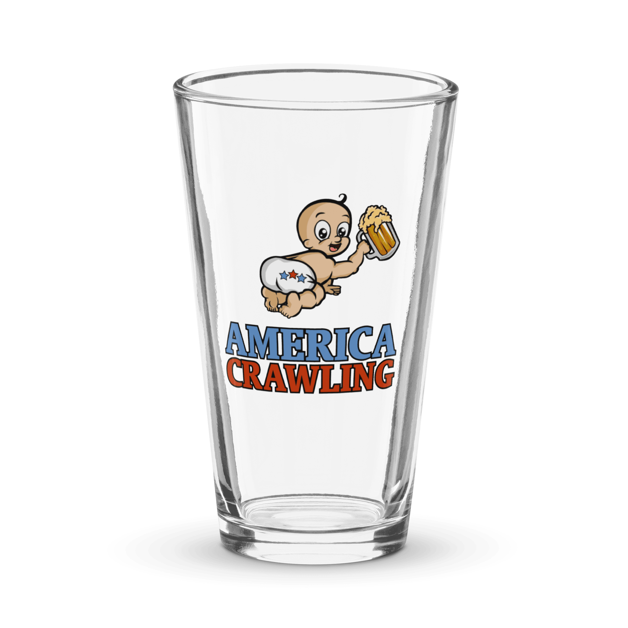 Pint glass with crawling baby holding beer and text 'America Crawling'.