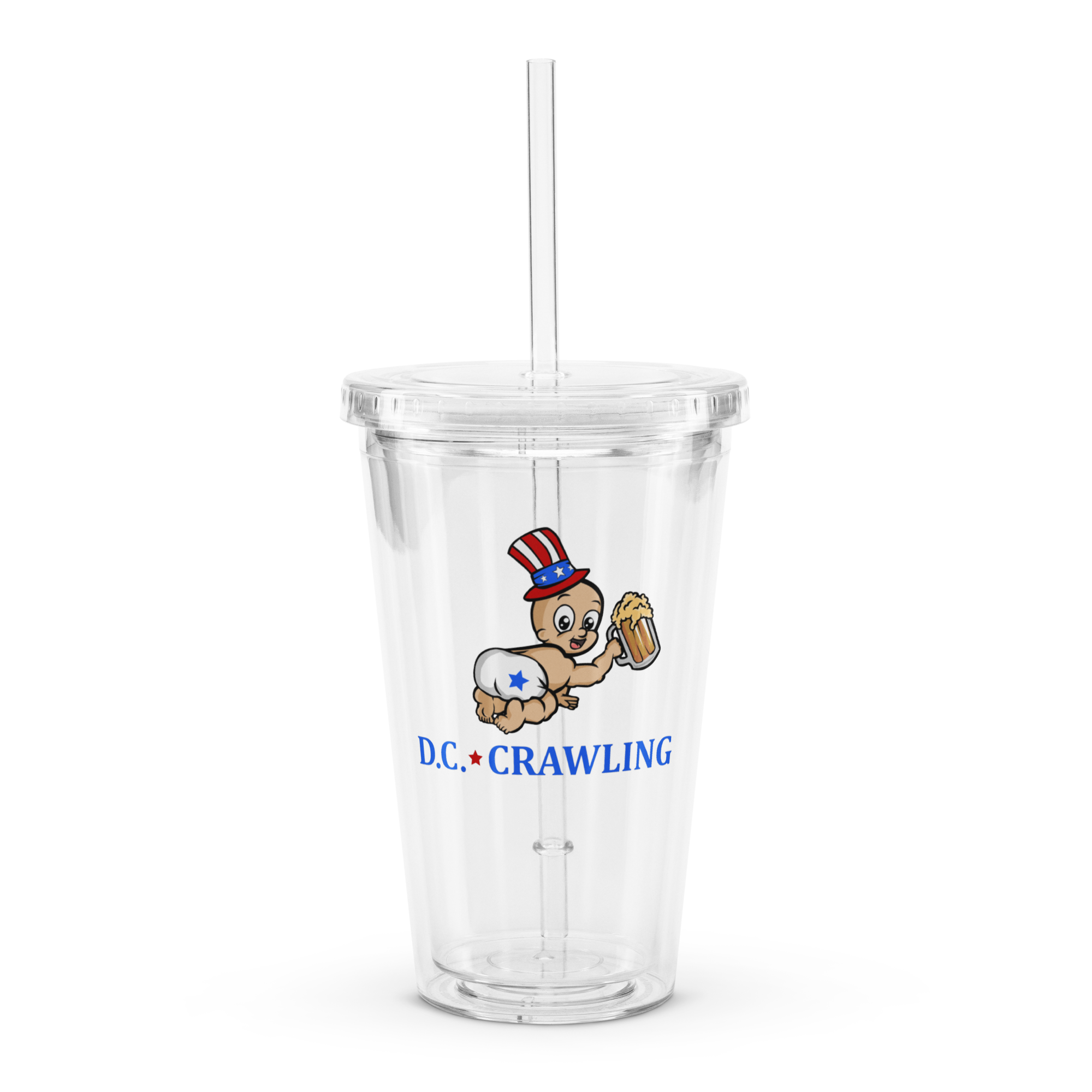 Clear tumbler with cartoon baby wearing patriotic hat, holding a beer, text 'D.C. Crawling' on the side.