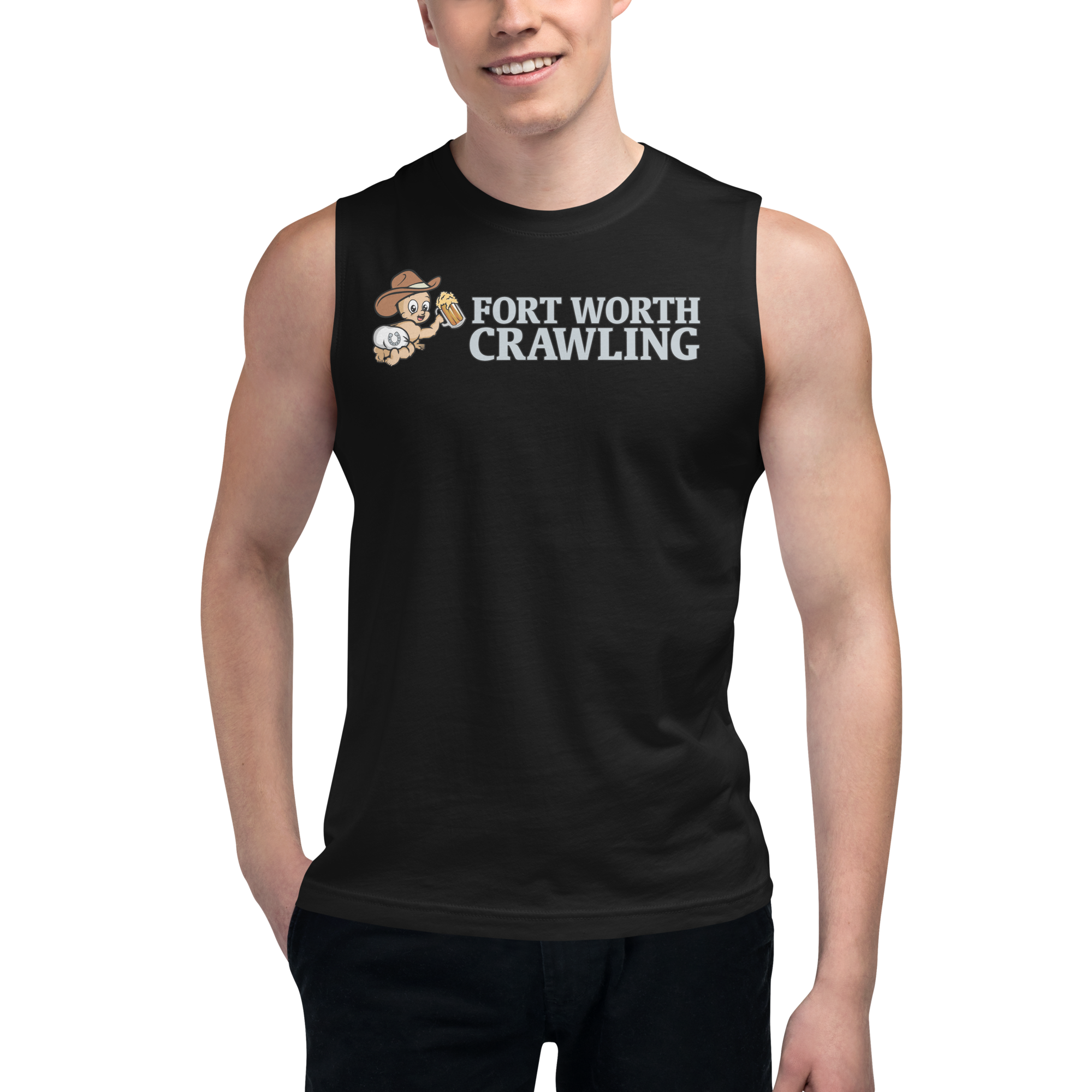 Man wearing black sleeveless shirt with 'Fort Worth Crawling' text and cartoon graphic.