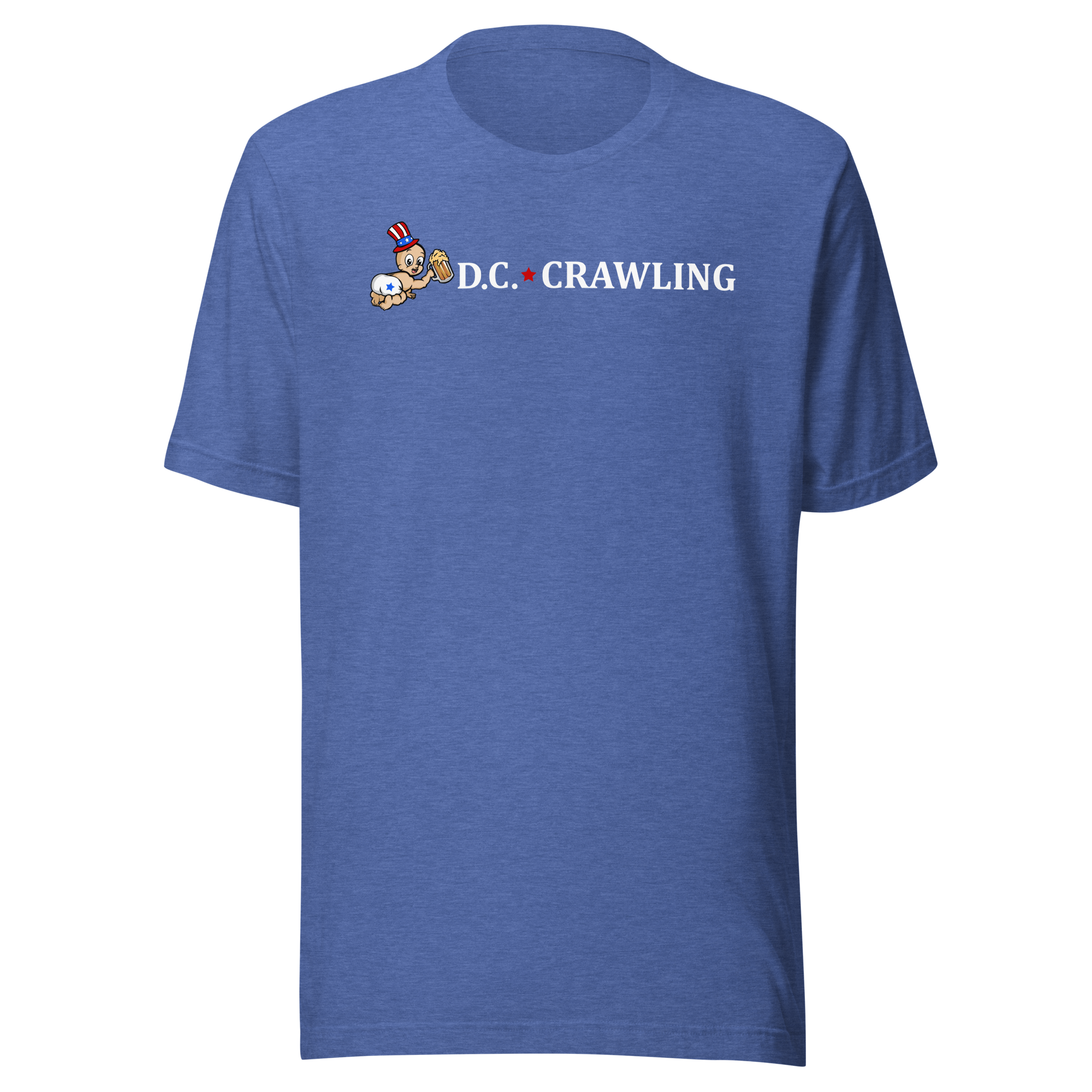 Blue T-shirt with 'D.C. CRAWLING' and cartoons of a beer and baseball with hats.