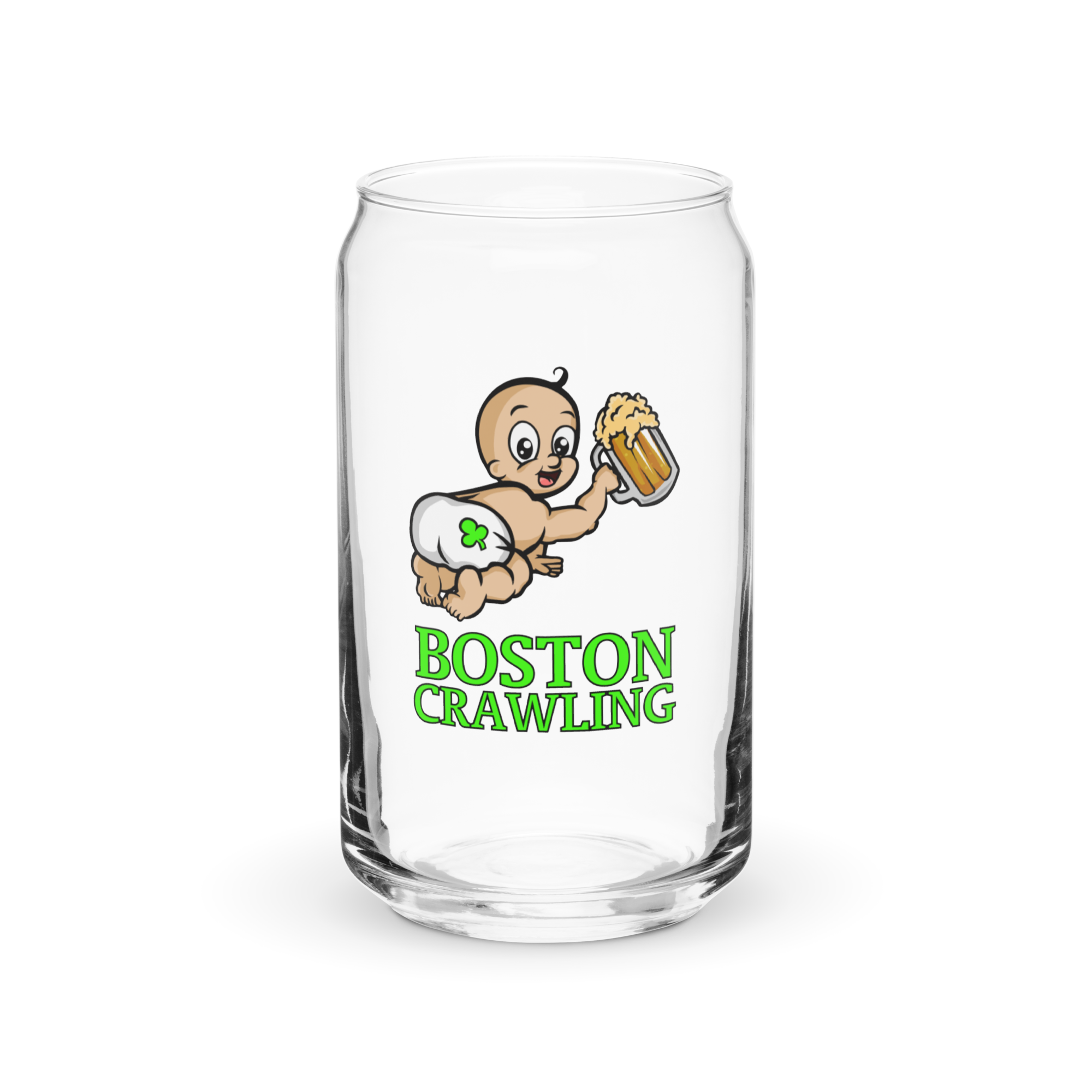 Clear glass with cartoon baby holding beer and 'Boston Crawling' text.