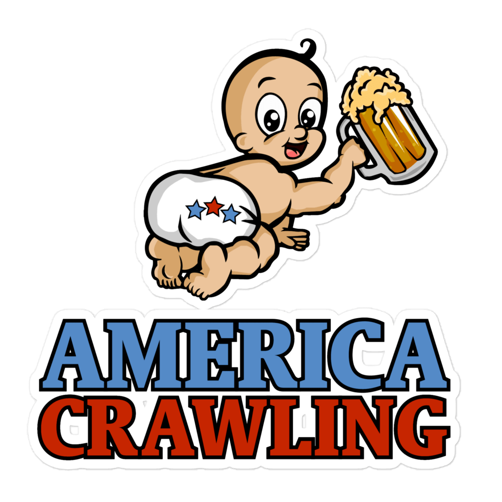 Cartoon baby crawling with a beer mug, text reads 'America Crawling'.
