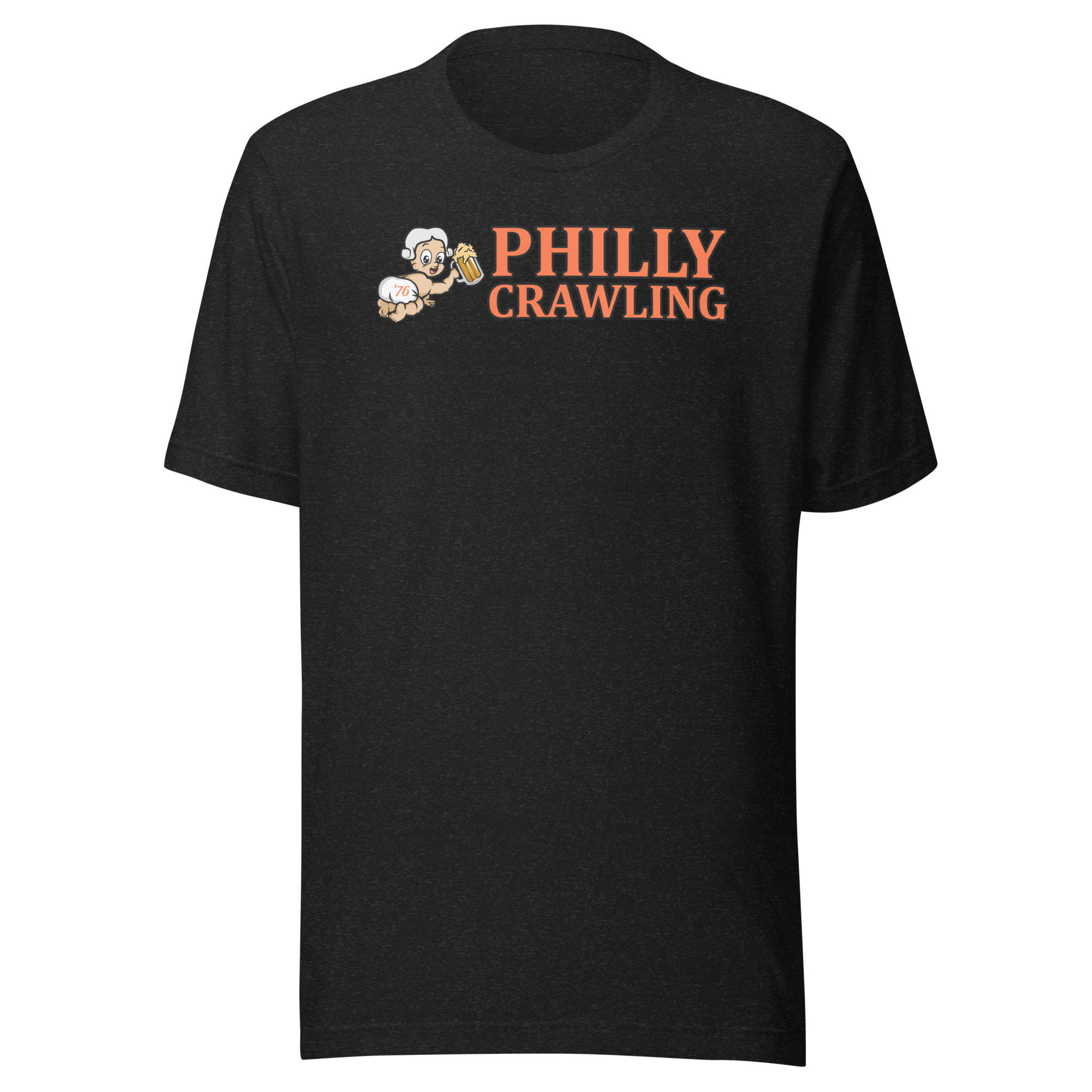 Black T-shirt with 'Philly Crawling' and cartoon holding a beer mug.