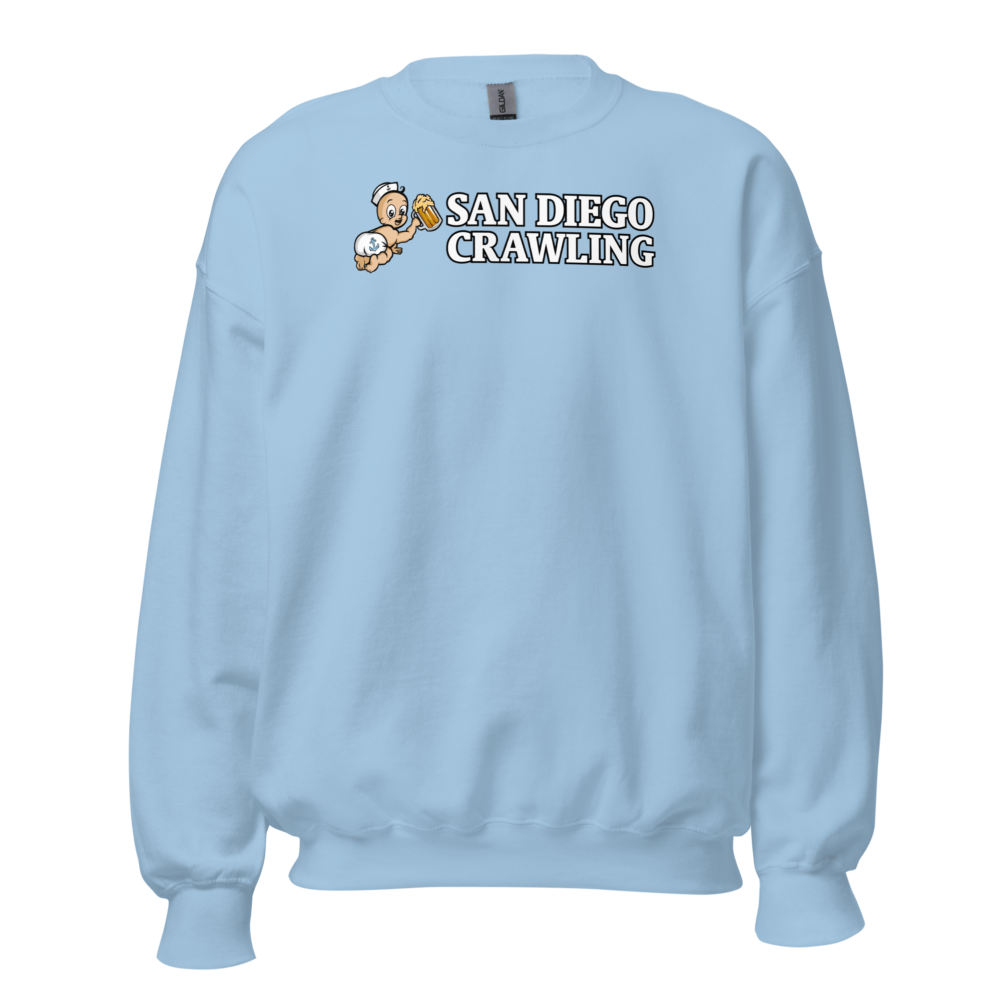 Light blue sweater with 'San Diego Crawling' text and cartoon baby holding a beer mug.