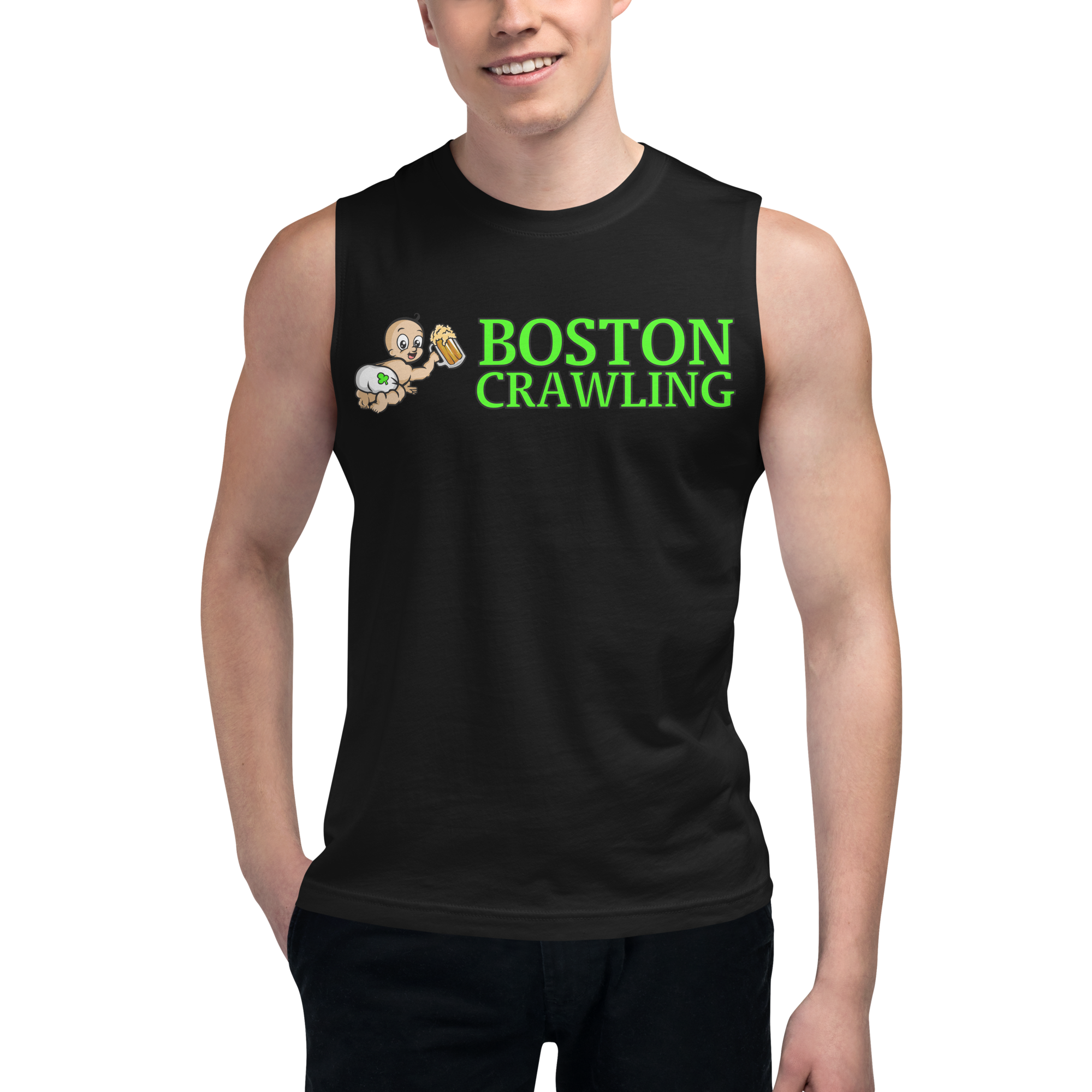 Man wearing black sleeveless shirt with 'Boston Crawling' and cartoon baby holding beer.