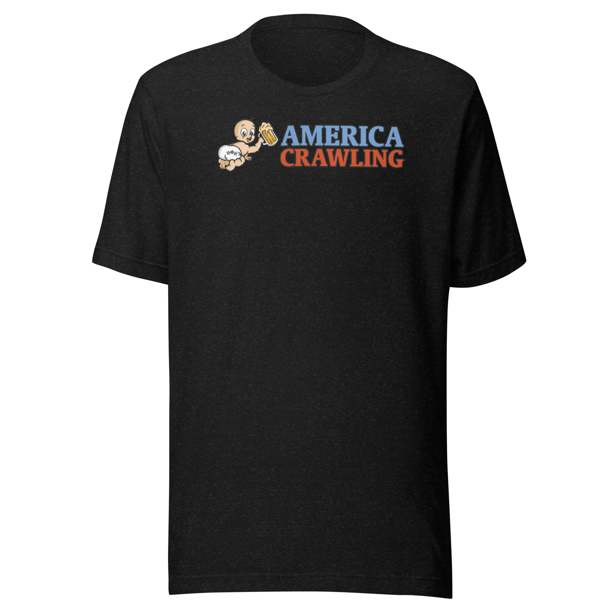 Black T-shirt with 'America Crawling' and baby holding a beer illustration.