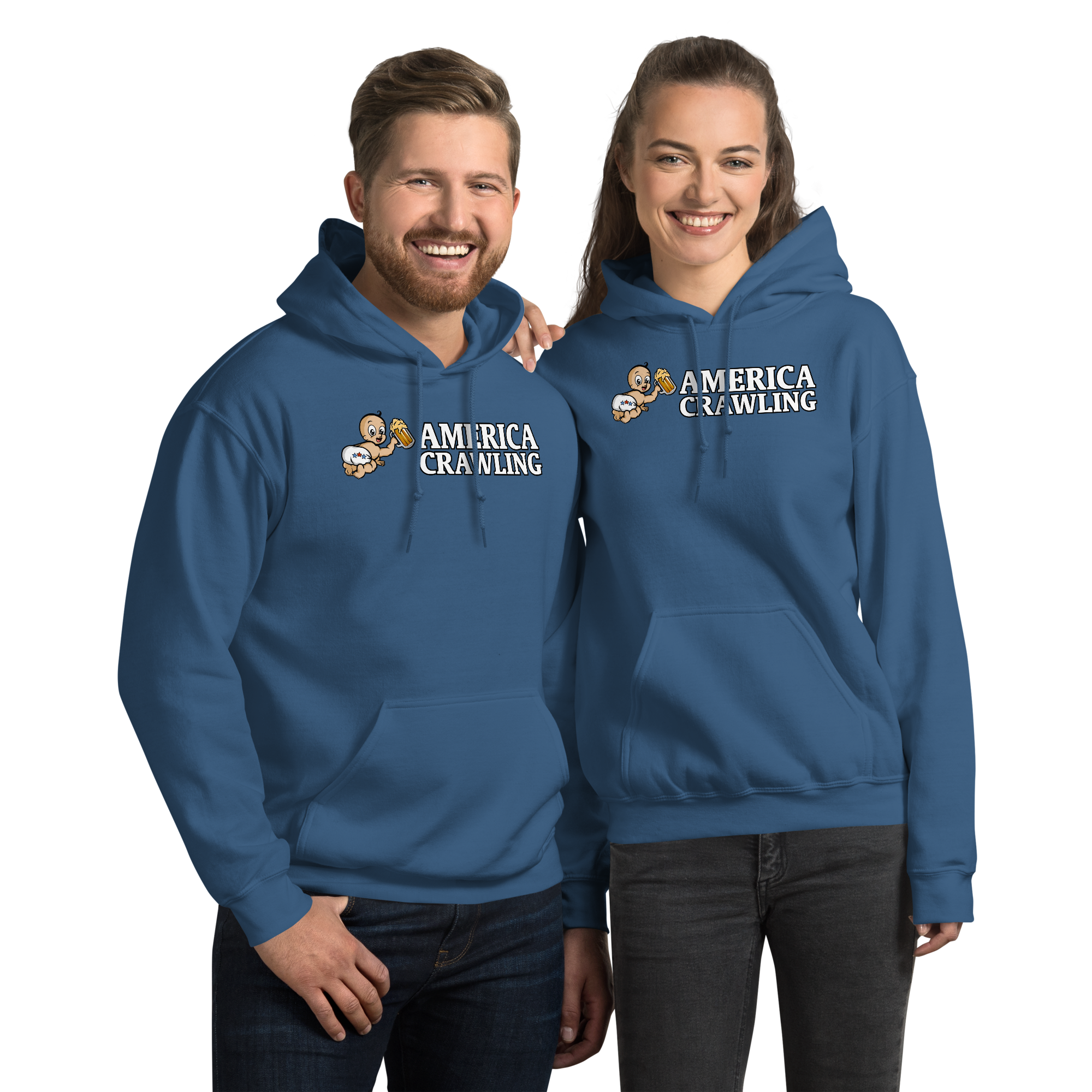 Two people wearing blue 'America Crawling' hoodies and smiling.