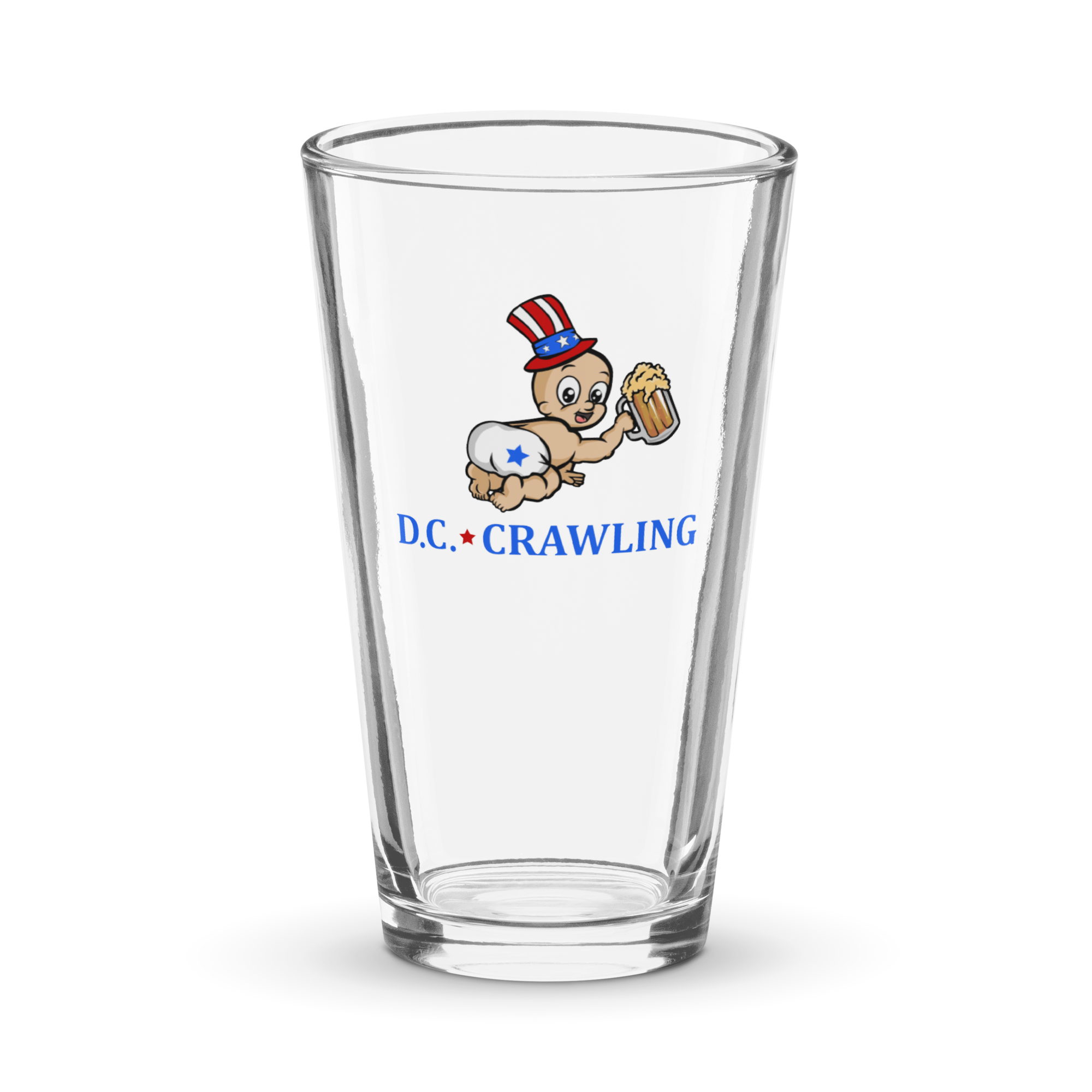 Pint glass with cartoon baby in a hat holding a beer and text 'D.C. Crawling' on the front.