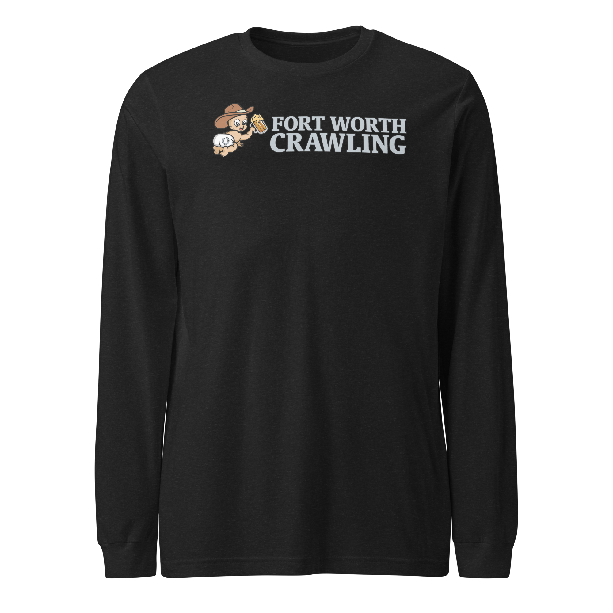 Black long-sleeve shirt with 'Fort Worth Crawling' and cartoon figures on chest.