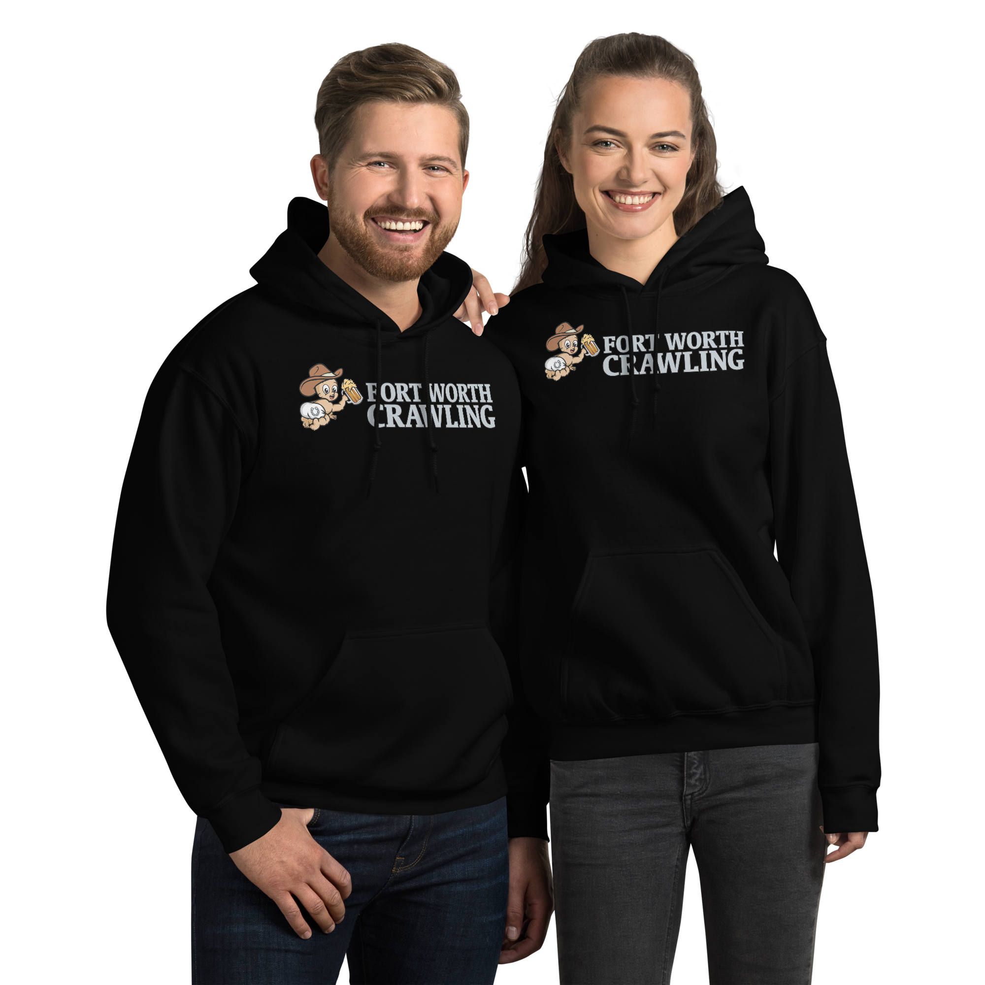 Two people wearing black 'Fort Worth Crawling' hoodies smiling at the camera.