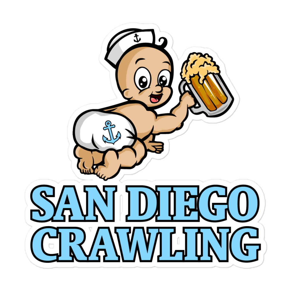 Cartoon baby in sailor hat holding beer, with 'San Diego Crawling' text below.