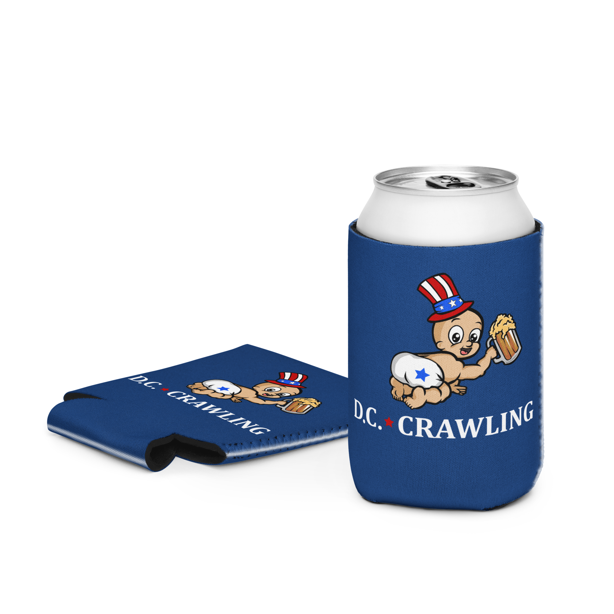 Blue can cooler with cartoon baby holding beer, text 'D.C. Crawling'.