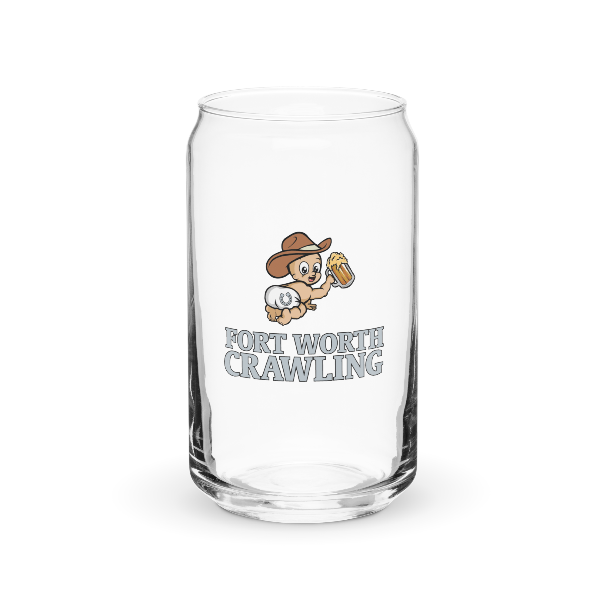 Glass with 'Fort Worth Crawling' and cartoon baby holding a beer.