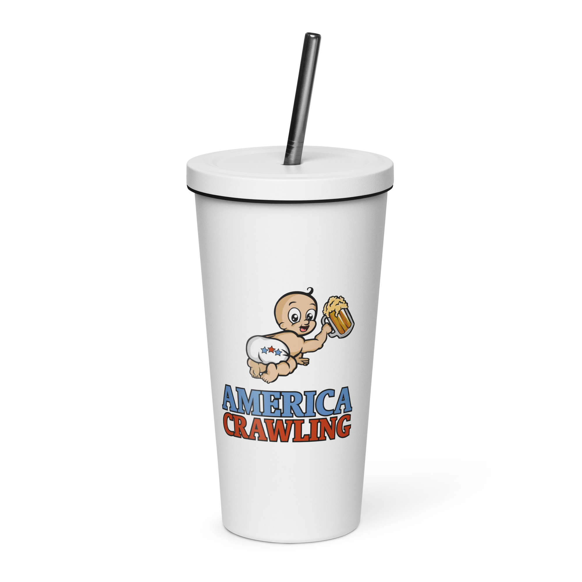 White tumbler with cartoon baby holding beer and text 'America Crawling'.