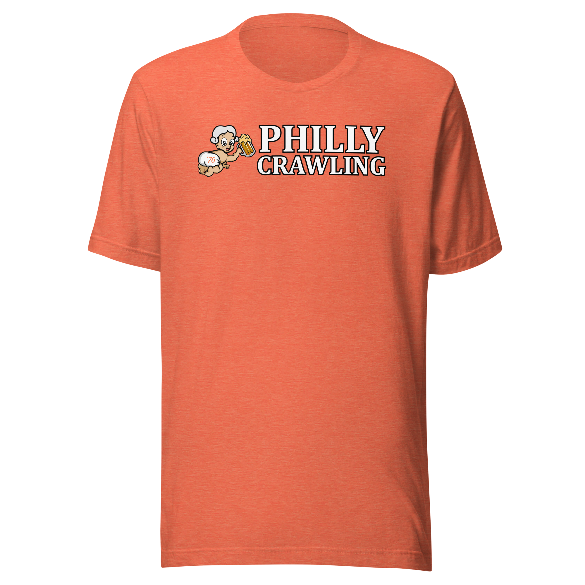 Orange t-shirt with 'Philly Crawling' logo and cartoon baby holding a beer mug.