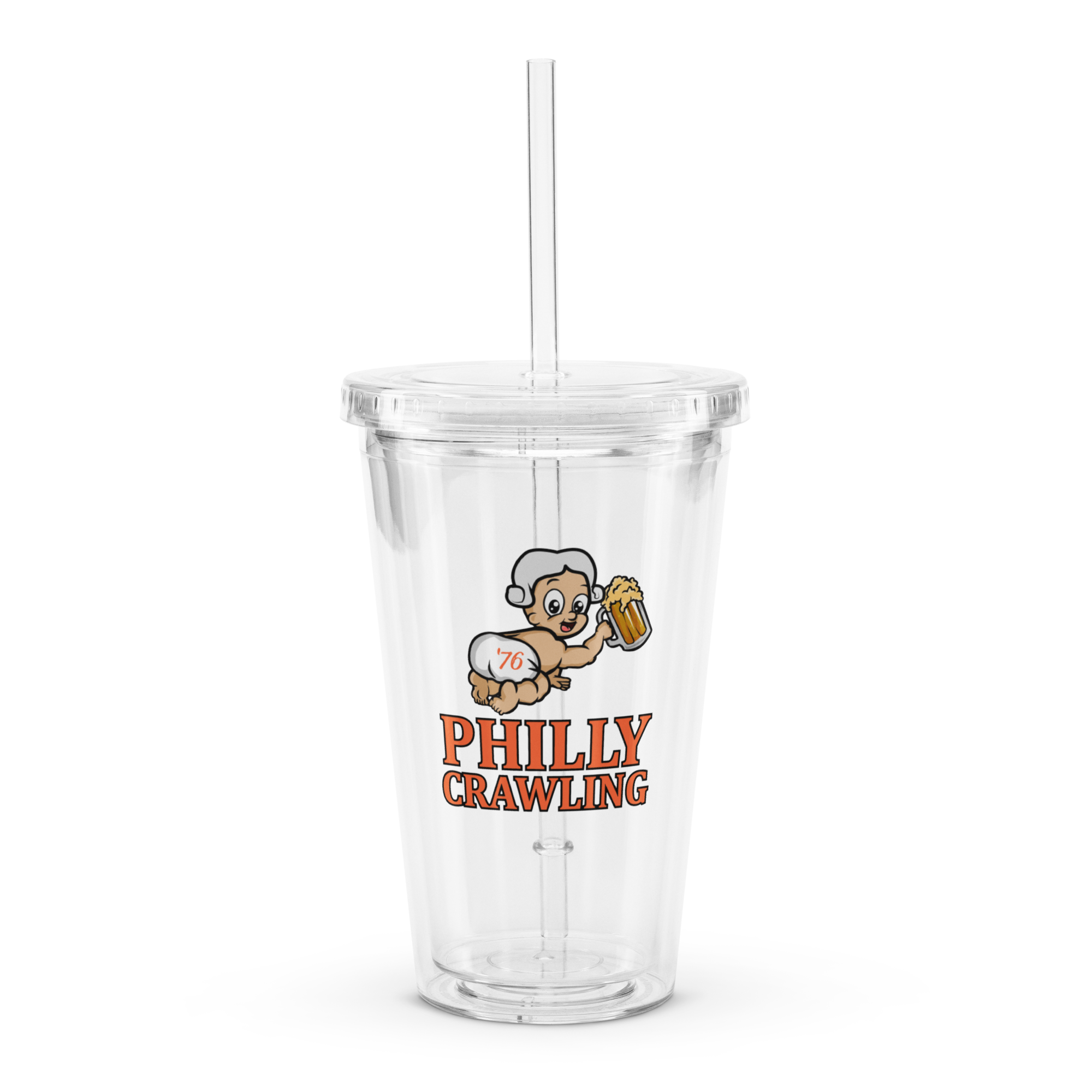 Clear tumbler with a lid and straw, featuring a cartoon baby and 'Philly Crawling' text.