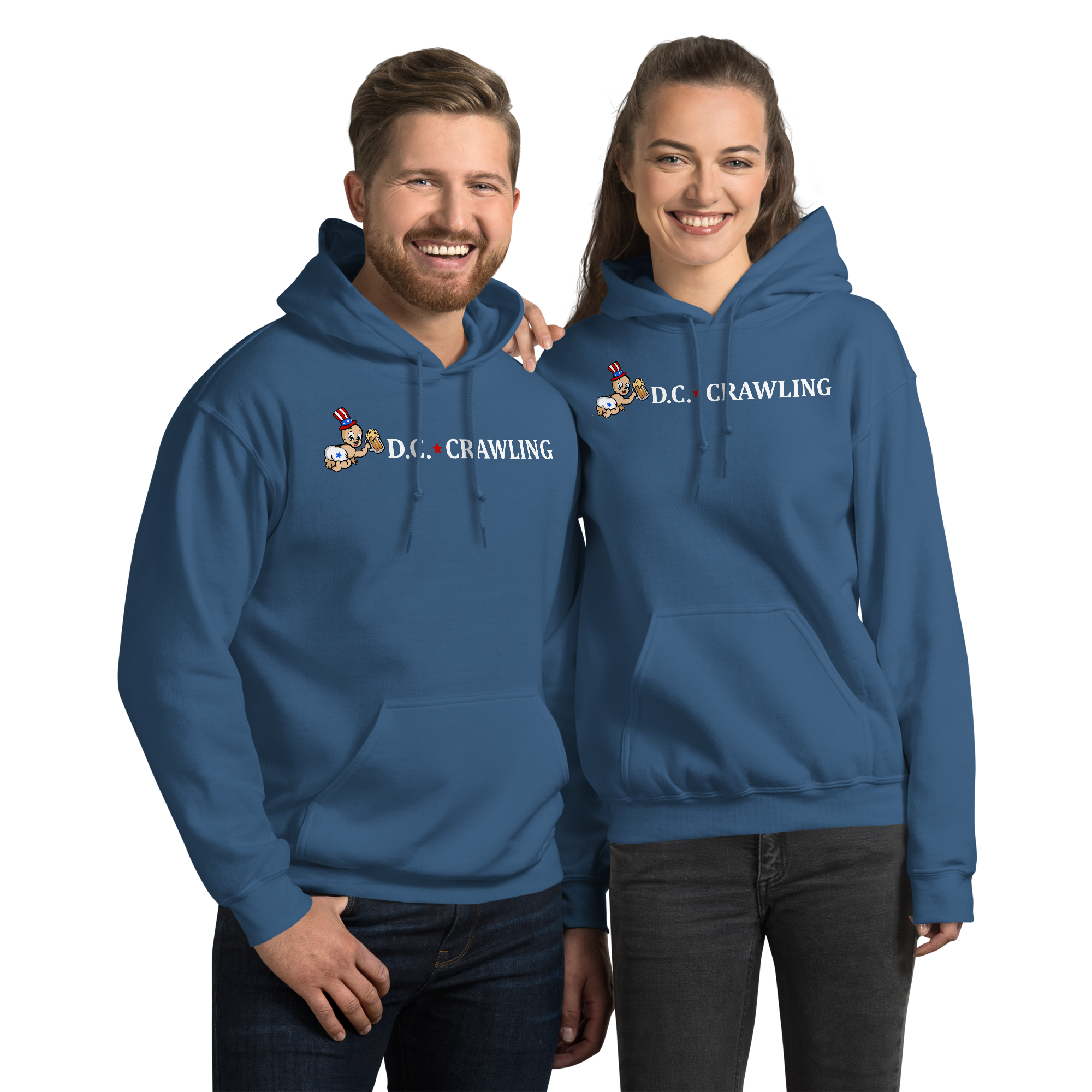 Two people wearing blue hoodies with 'D.C. Crawling' logo, smiling and standing together.