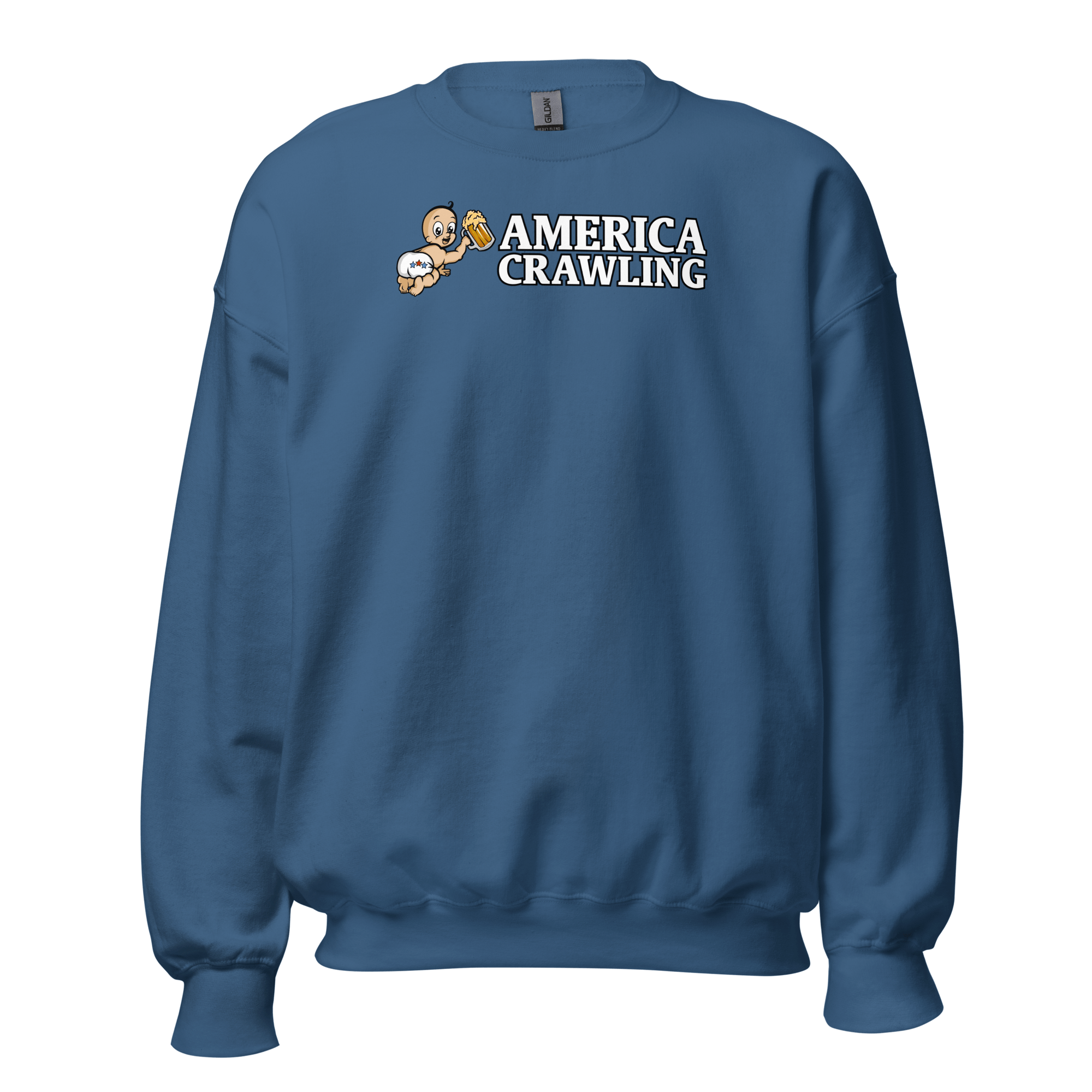 Blue sweatshirt with 'America Crawling' text and cartoon baby holding a beer mug.