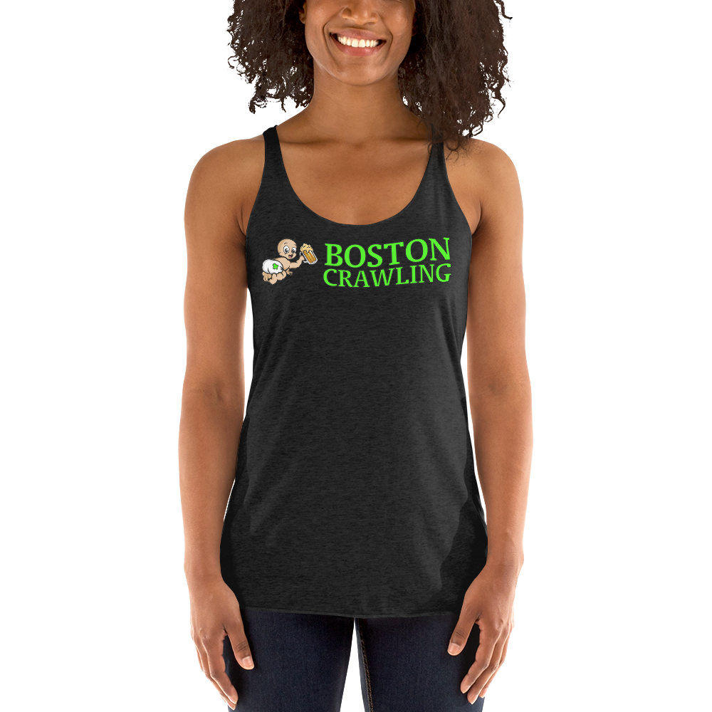 Person wearing a black tank top with 'Boston Crawling' and cartoon figures printed in green.