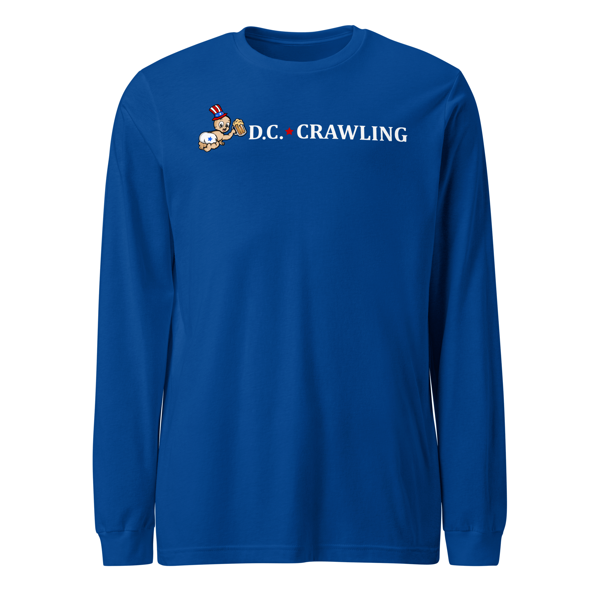 Blue long-sleeve shirt with 'D.C. Crawling' and cartoon characters on front.
