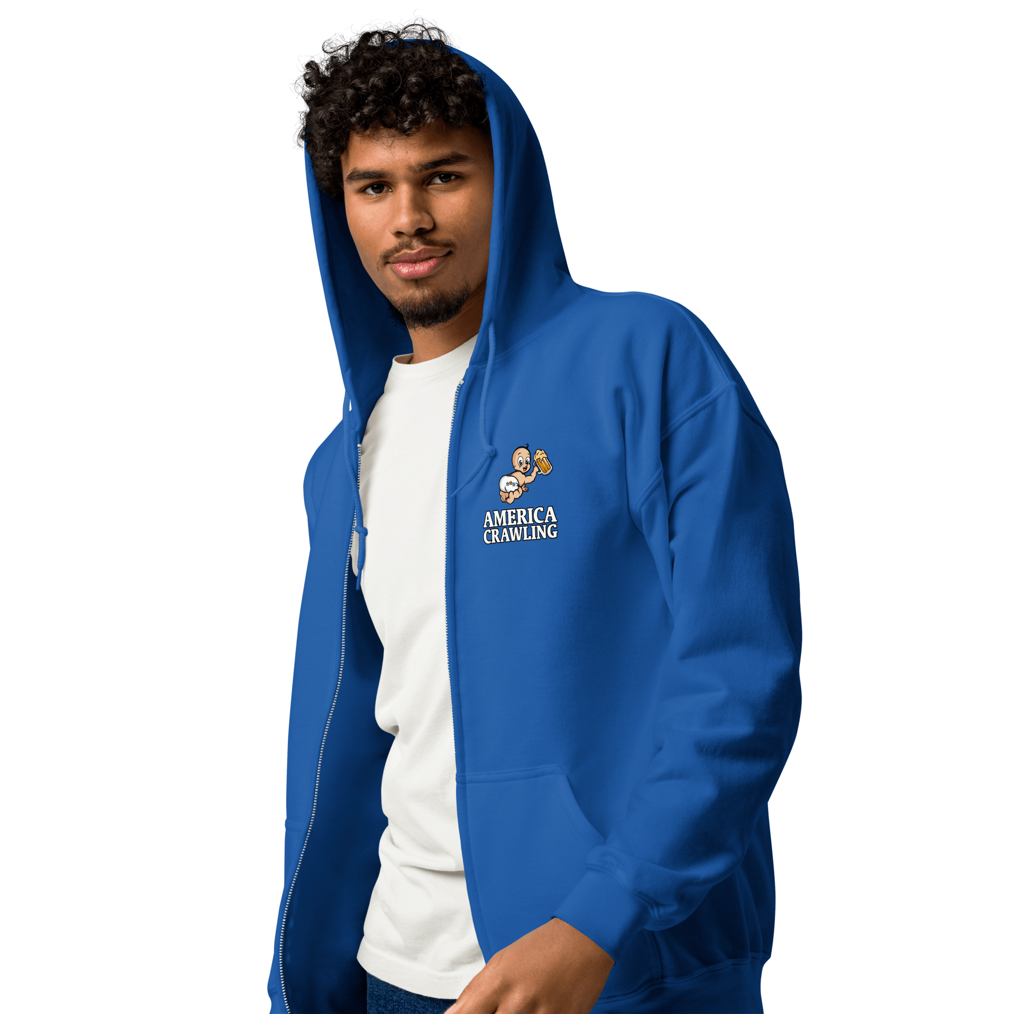 Man in blue hoodie with 'America Crawling' graphic, standing against a plain background.