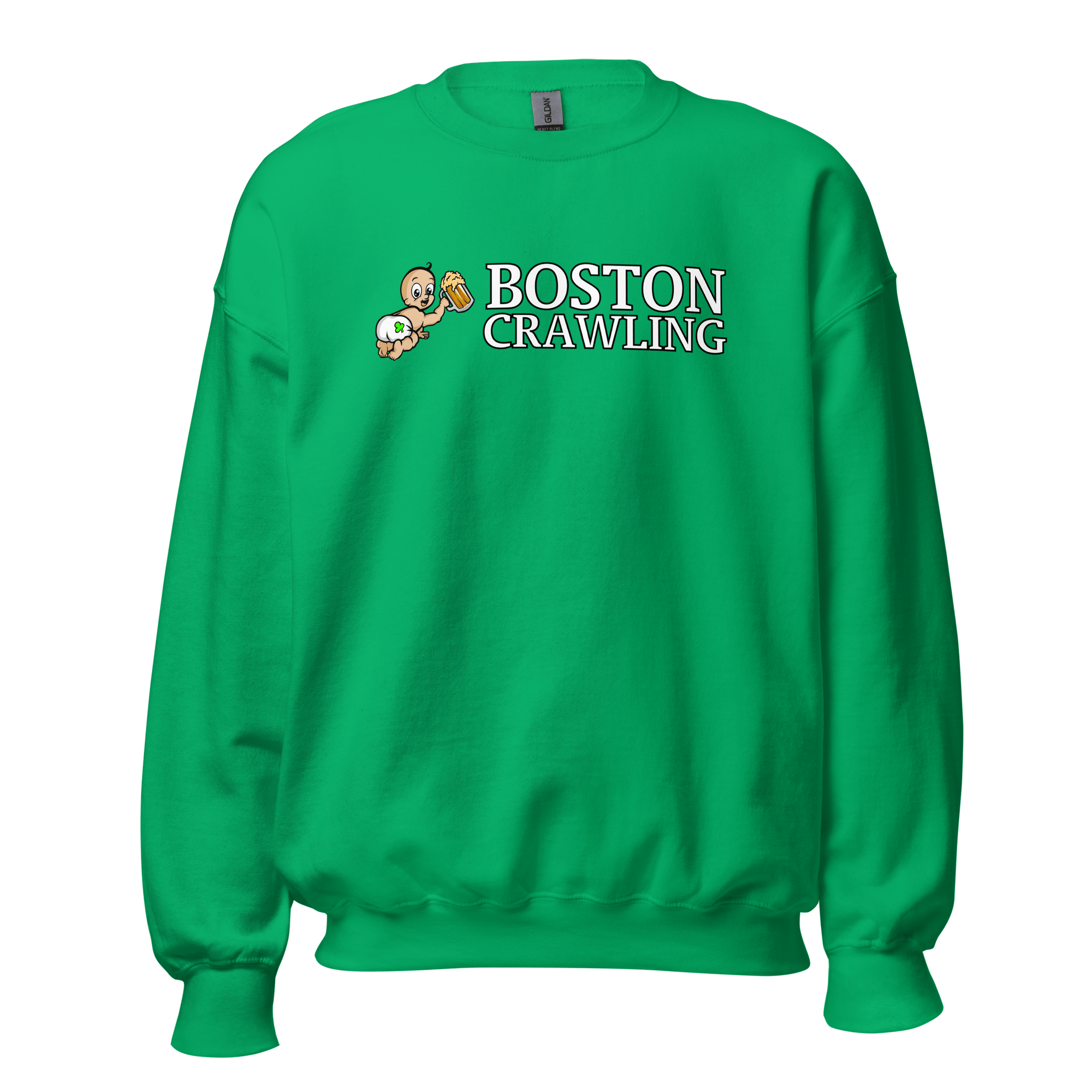 Green sweatshirt with 'Boston Crawling' text and cartoon baby holding a beer mug.