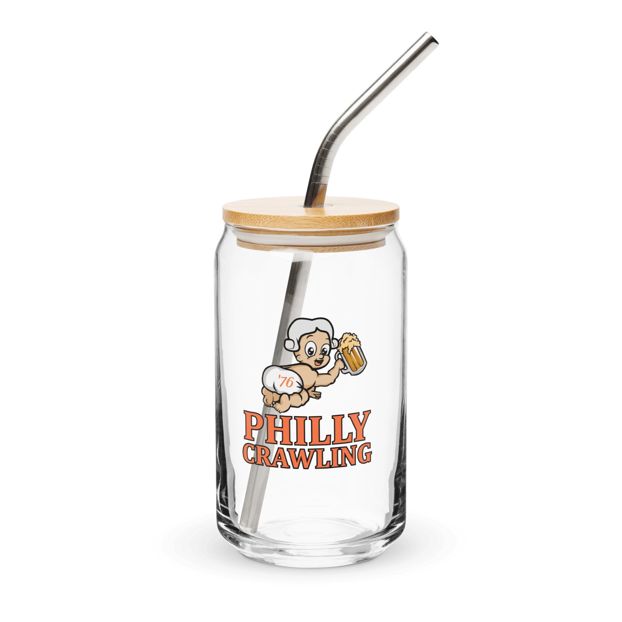 Glass jar with lid and straw, featuring 'Philly Crawling' and cartoon baby holding a mug.