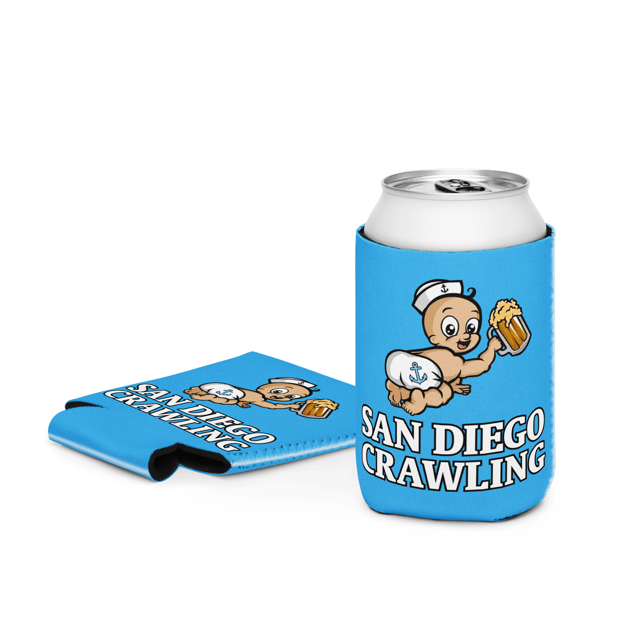 Blue can cooler with cartoon baby holding a beer and text 'San Diego Crawling'.