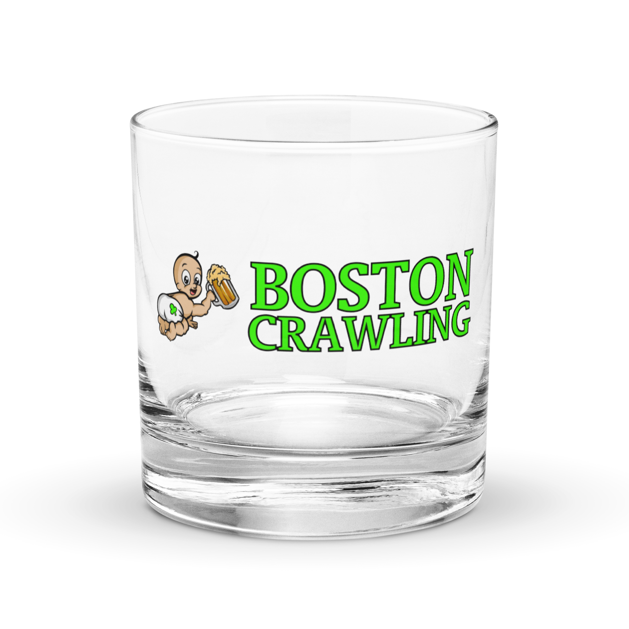 Clear glass with 'Boston Crawling' and cartoon baby holding beer image.