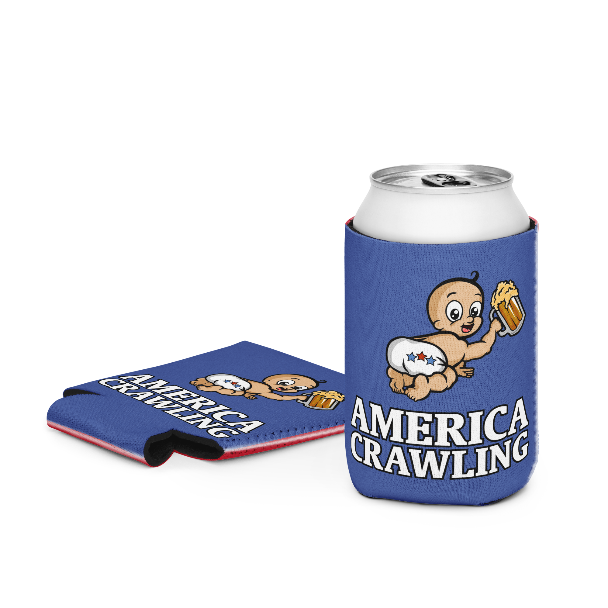 Blue can holder with cartoon baby holding a beer and text 'America Crawling'.
