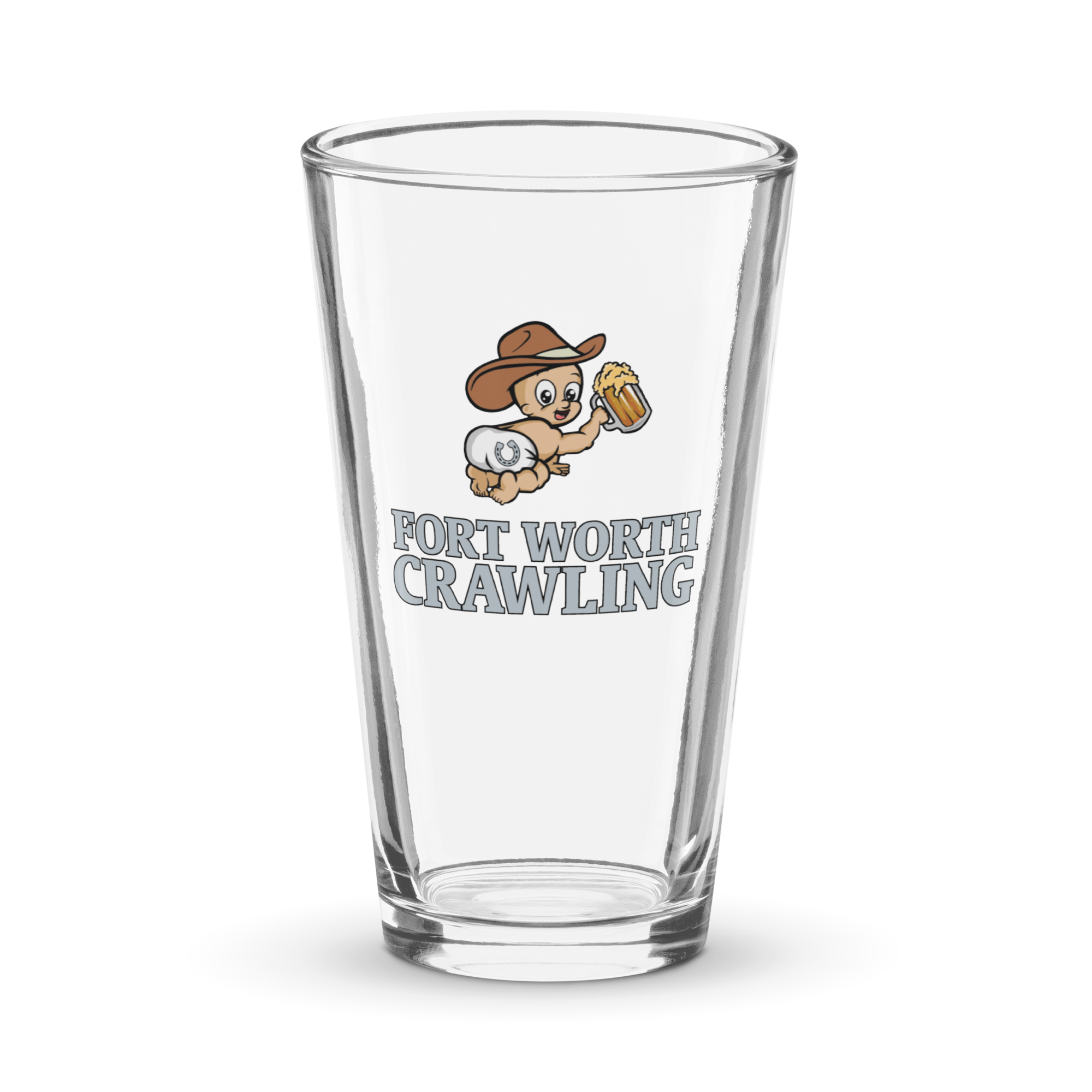 Pint glass with cartoon baby holding a beer and text 'Fort Worth Crawling'.