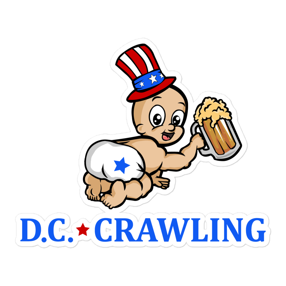 Cartoon baby wearing USA hat, holding a beer mug, above text 'D.C. Crawling'