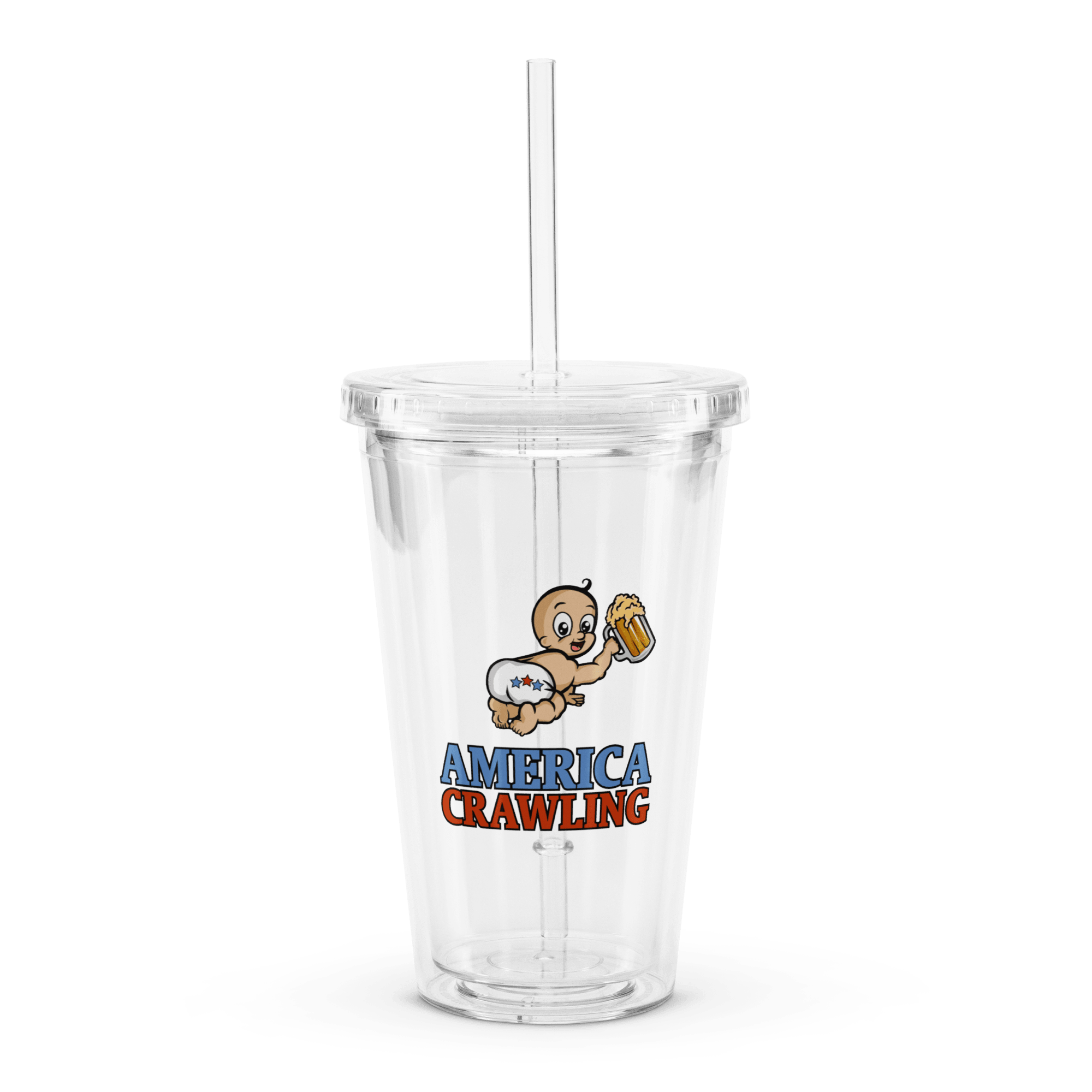 Clear tumbler with a baby holding a beer and the text 'America Crawling' on it.