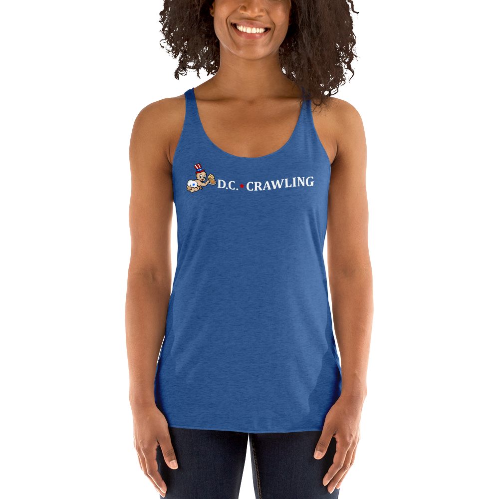 Woman wearing a blue tank top with 'D.C. Crawling' and cartoon graphics.