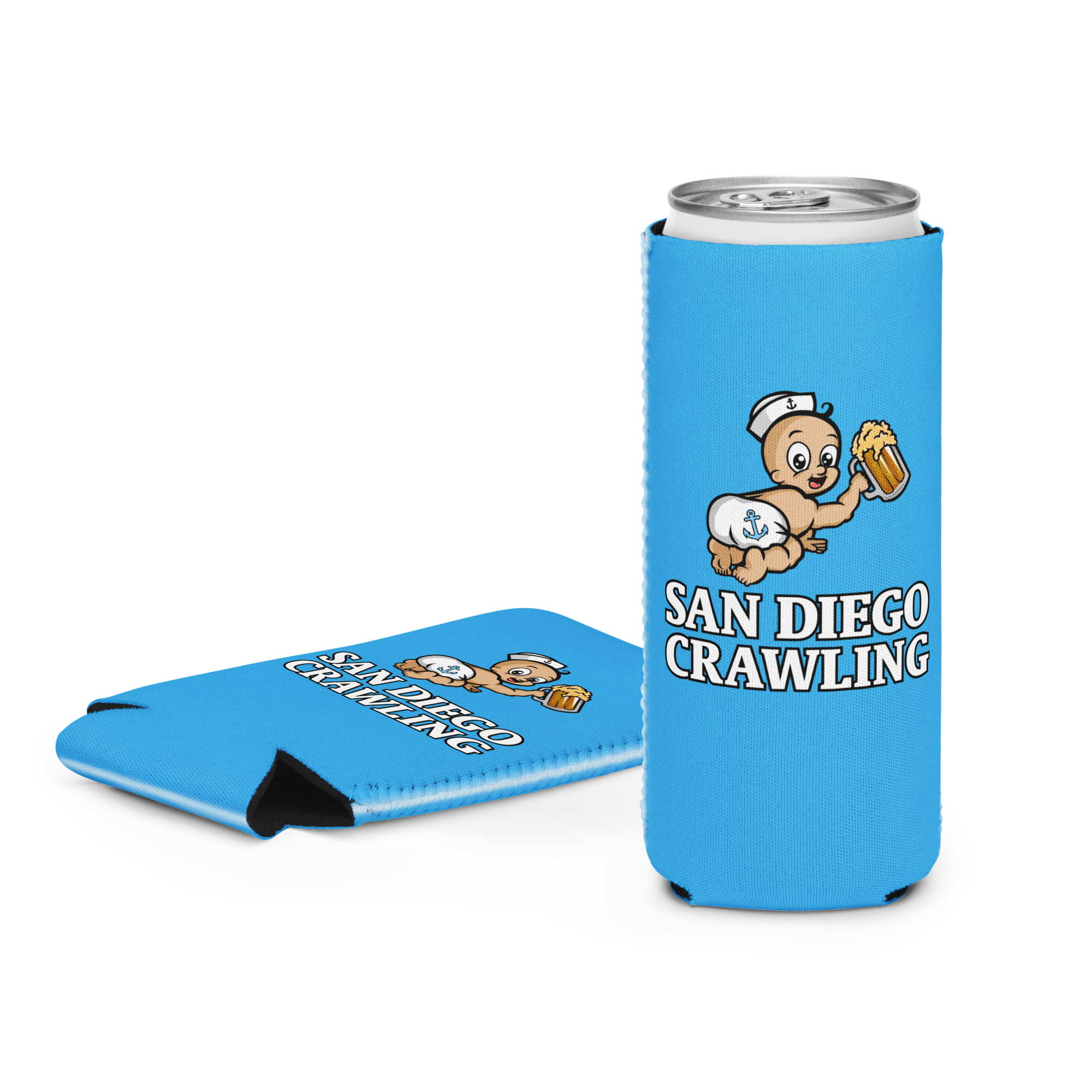 Blue can cooler with cartoon sailor baby and 'San Diego Crawling' text.