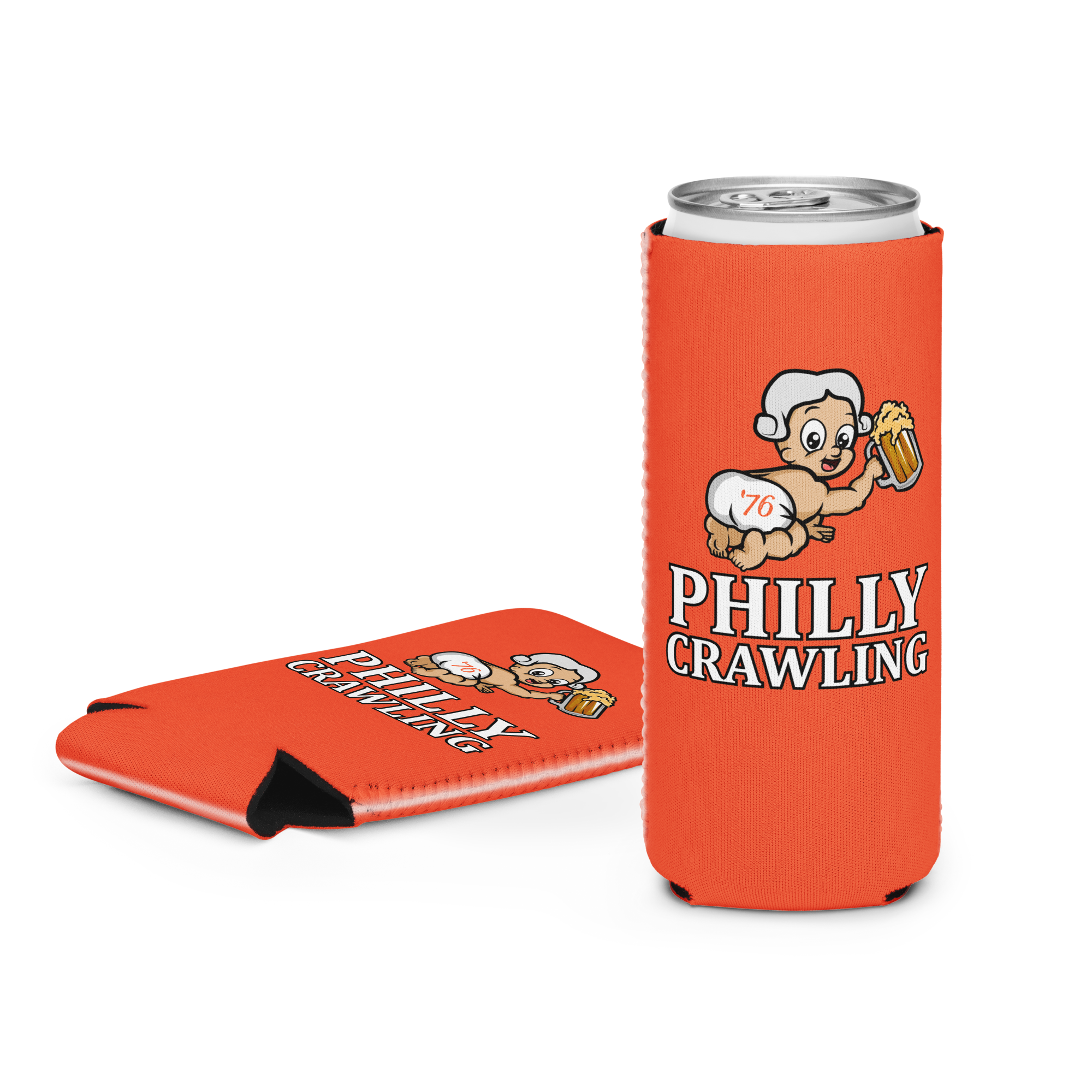 Orange can cooler with Philly Crawling logo featuring a baby holding a beer mug.