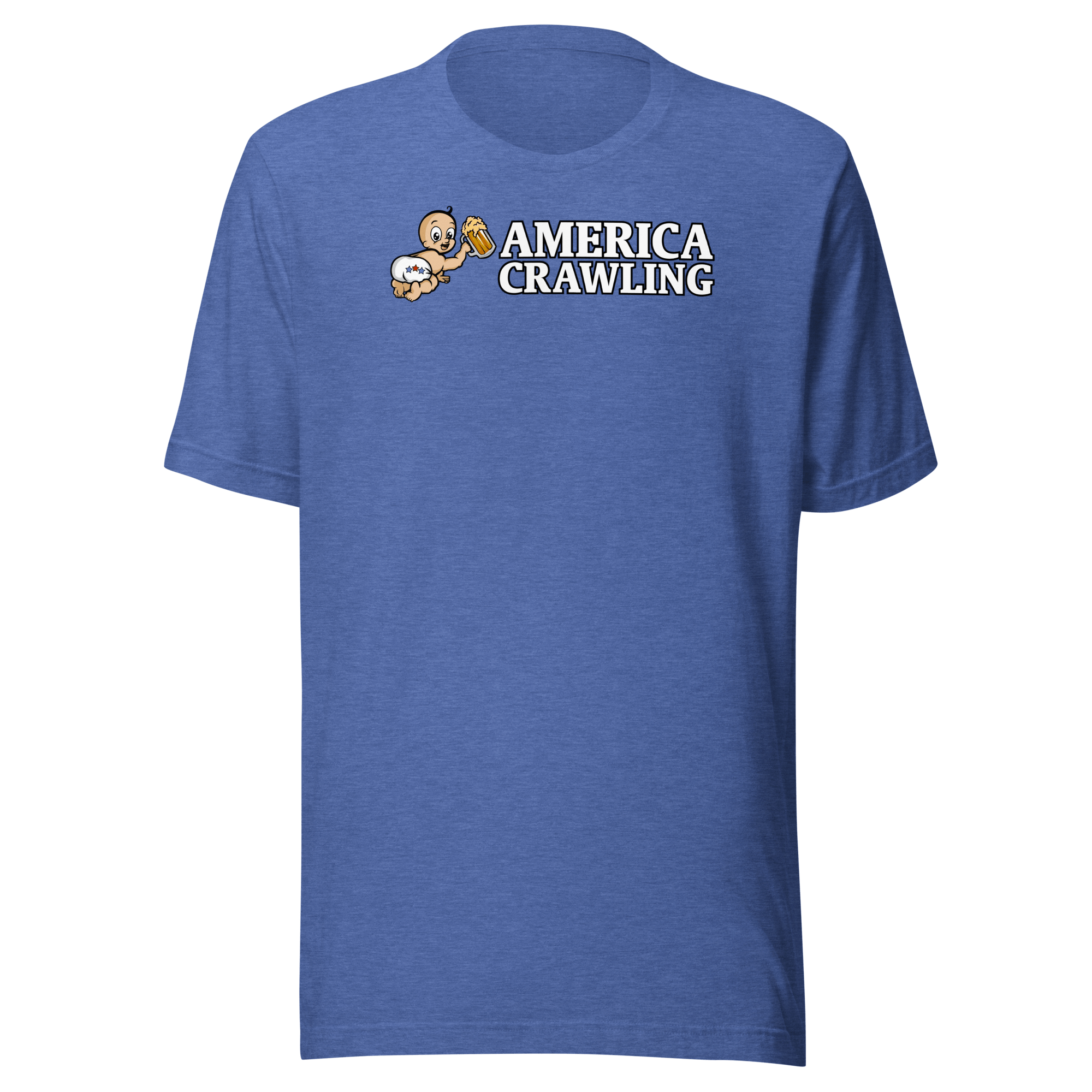 Blue t-shirt with 'America Crawling' and baby holding a beer graphic.