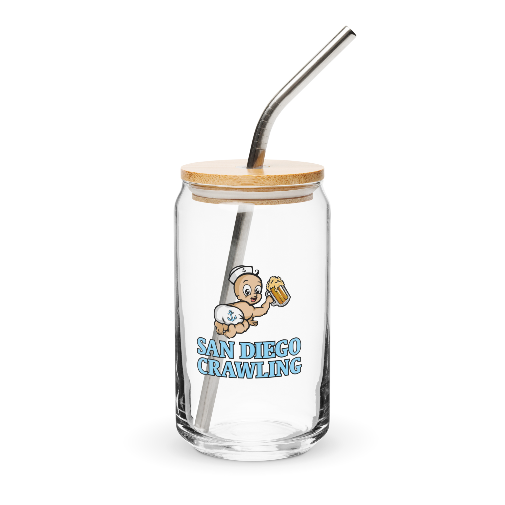 Glass tumbler with a wooden lid, metal straw, and cartoon baby holding a beer, labeled 'San Diego Crawling'.