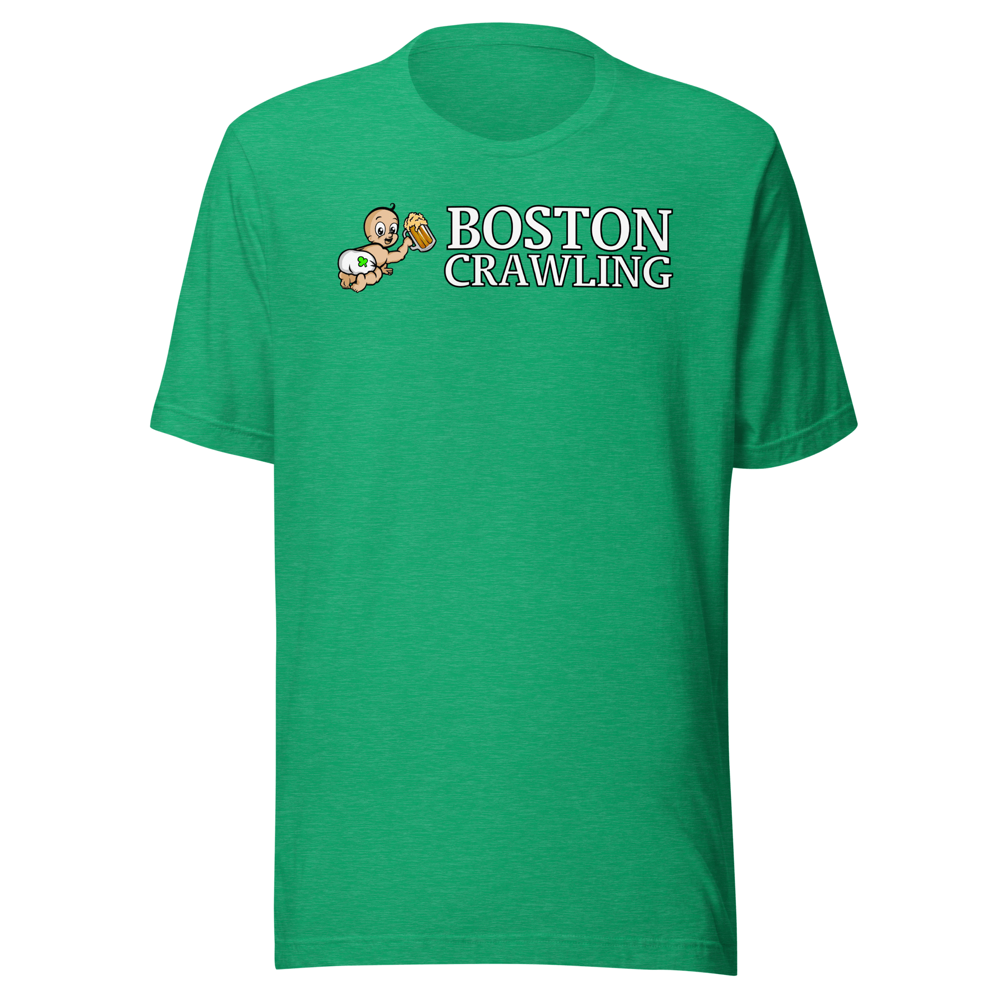 Green t-shirt with 'Boston Crawling' and cartoon beer-holding baby graphic.