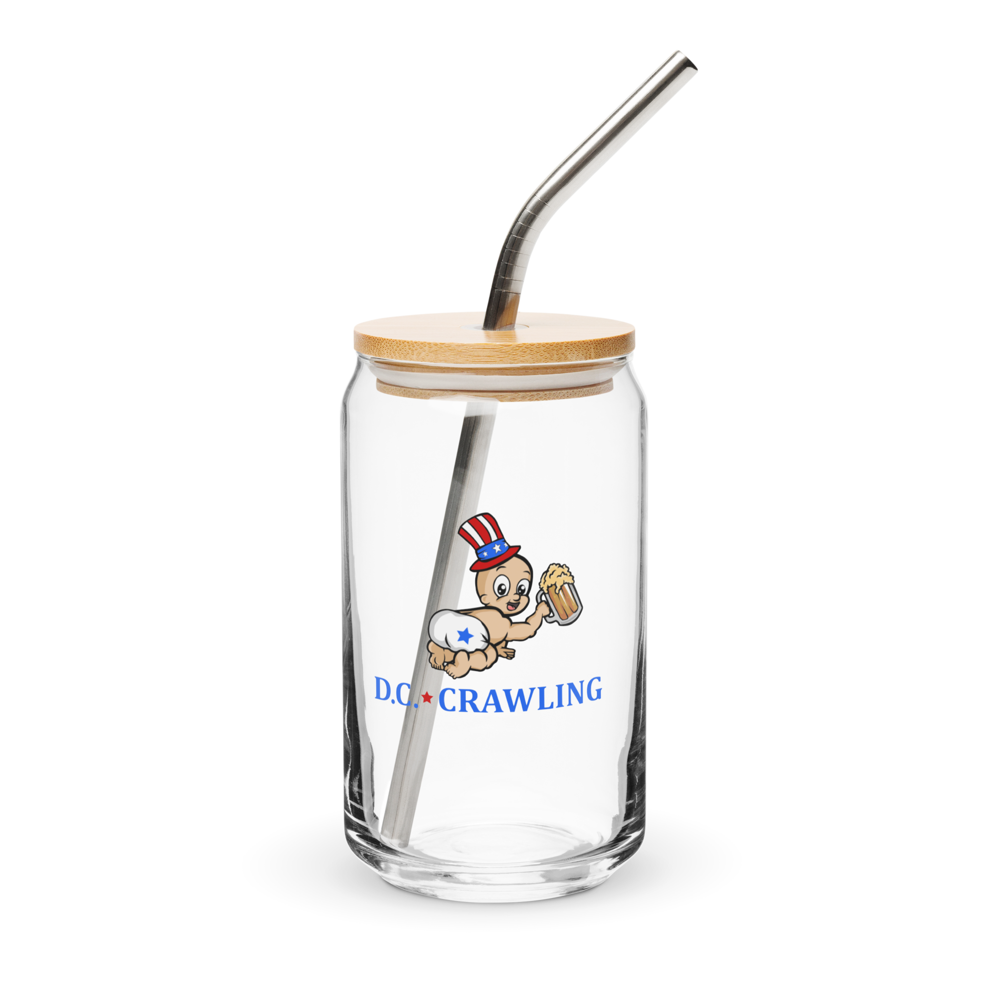 Glass jar with a wooden lid, metal straw, and D.C. Crawling logo featuring a cartoon baby with a beer mug.
