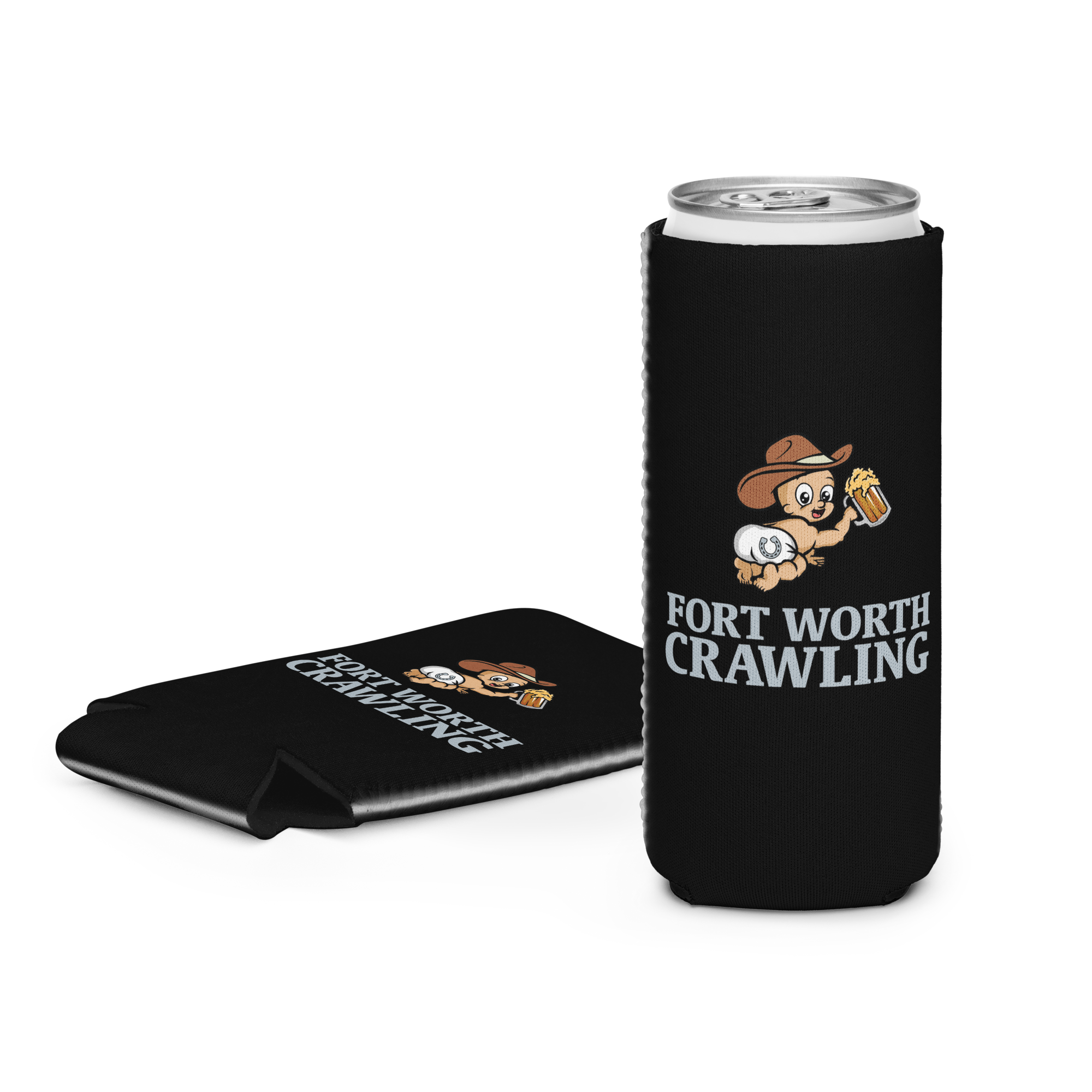 Black koozie with cartoon dog holding a mug and text 'Fort Worth Crawling'.