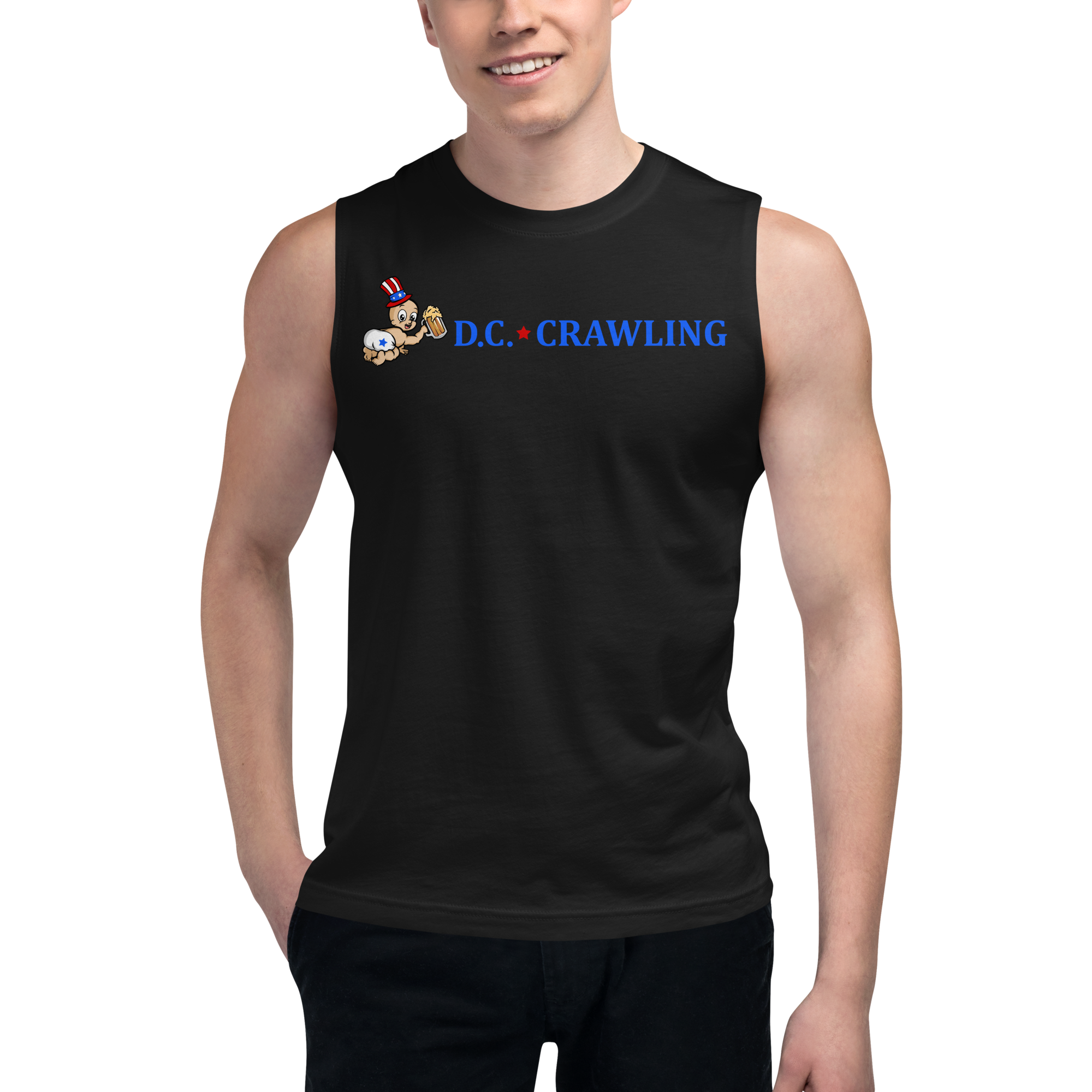 Man in black sleeveless shirt with 'D.C. Crawling' text and cartoon designs.